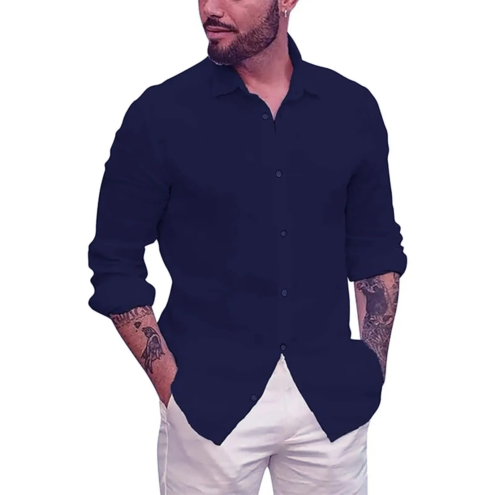 Men's Fashion Linen Shirt Leisure Temperament Solid Color Long Sleeve Lapel Neck Blouse With Button Autumn Plain Casual Shirts
