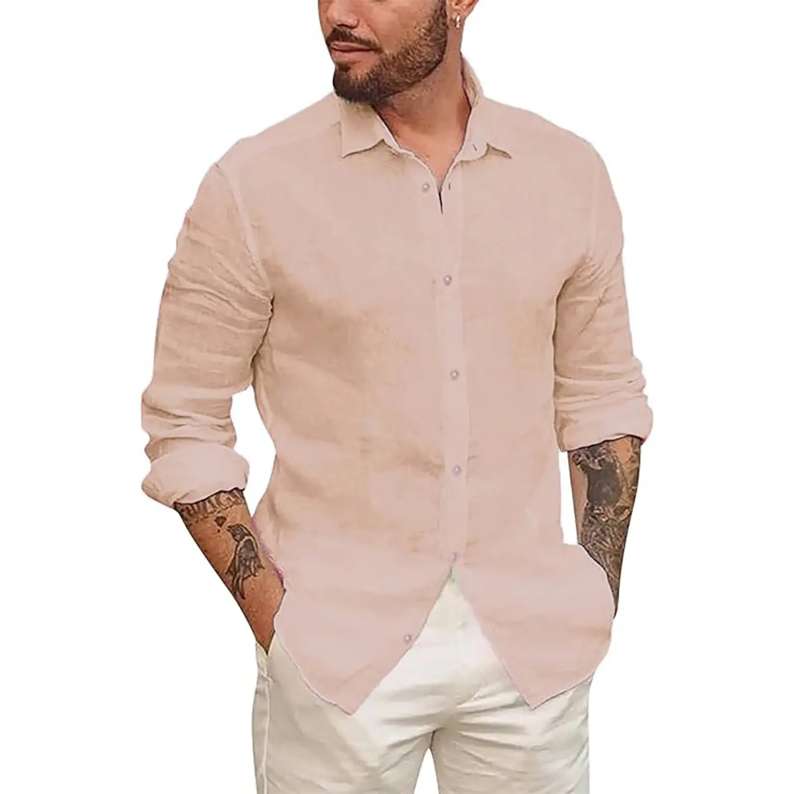 Men's Fashion Linen Shirt Leisure Temperament Solid Color Long Sleeve Lapel Neck Blouse With Button Autumn Plain Casual Shirts