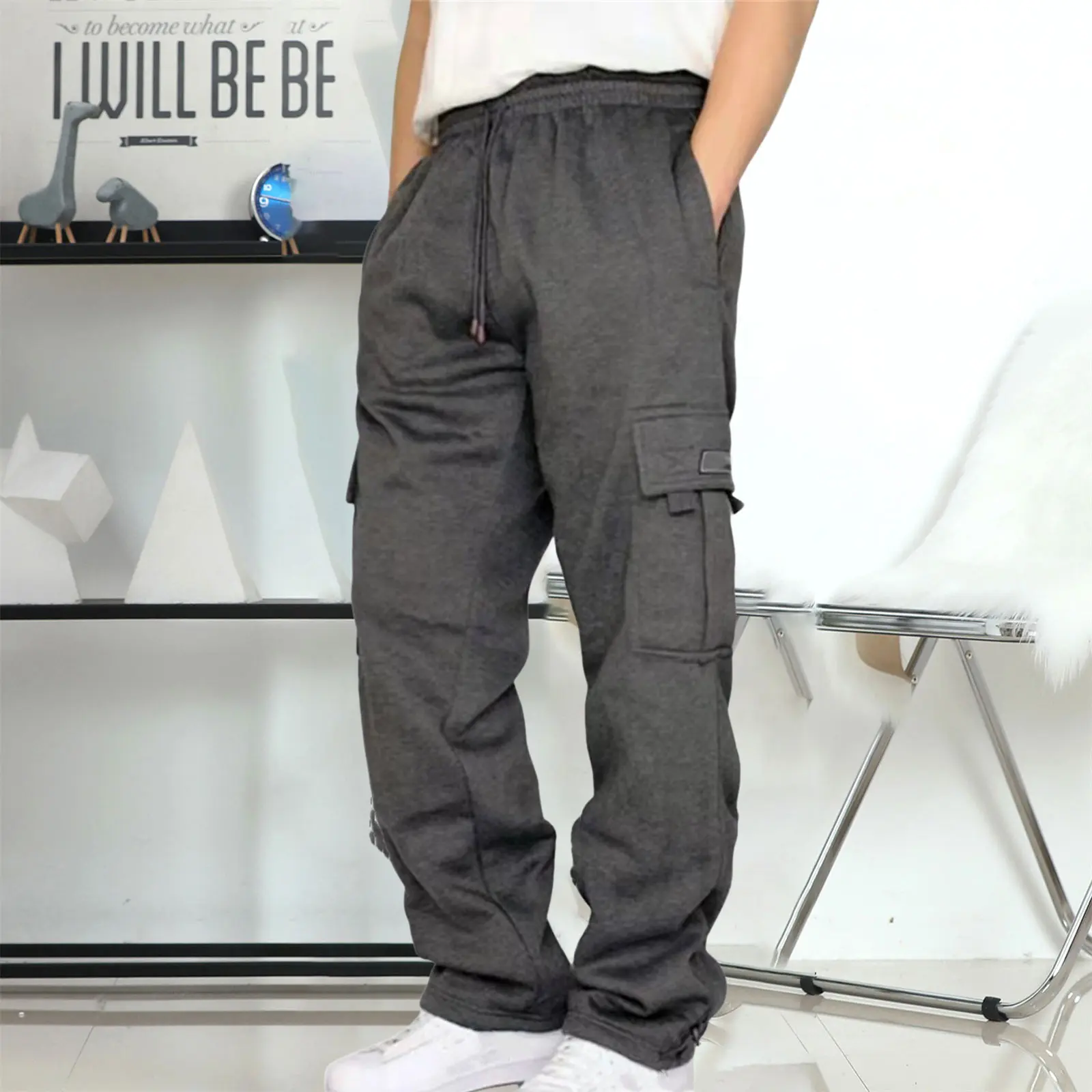 Men Solid Cargo Pants Baggy Loose Straight Wide Leg Multi Pocket Casual Cargo Trouser Plus Size Thickness Drawstring Pants