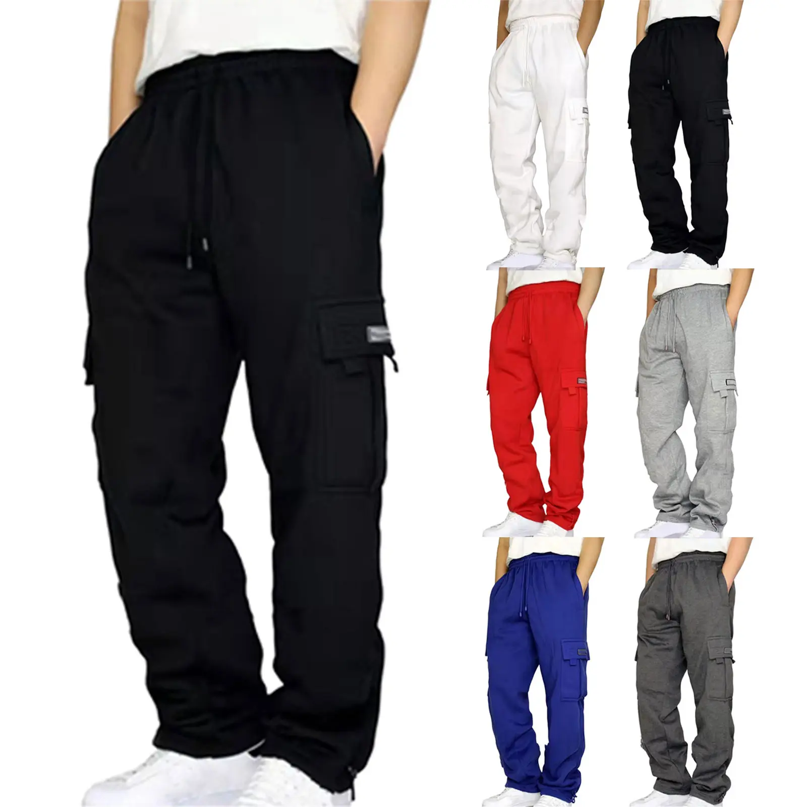 Men Solid Cargo Pants Baggy Loose Straight Wide Leg Multi Pocket Casual Cargo Trouser Plus Size Thickness Drawstring Pants