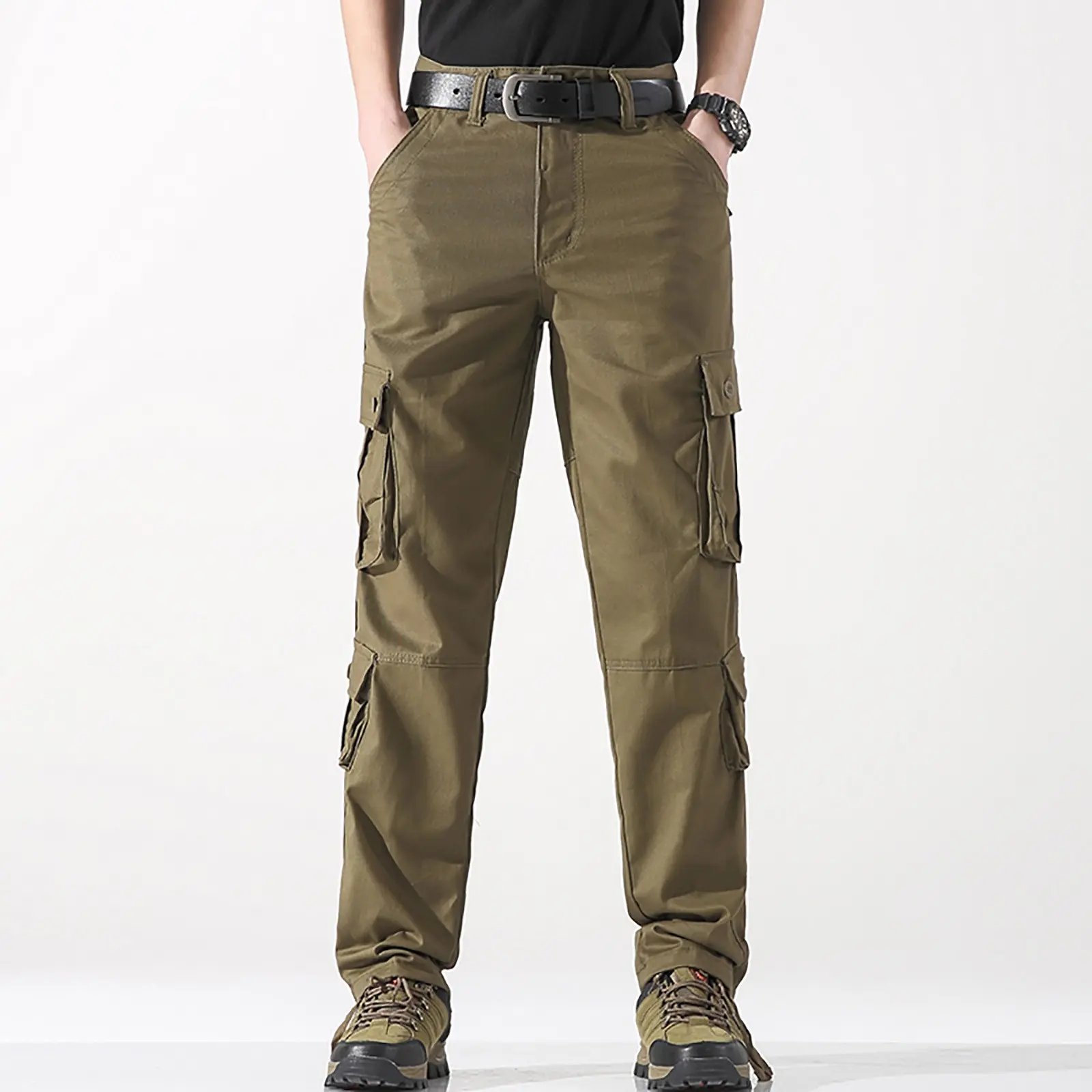Leisure Cargo Pants Men's Straight Leg Solid Color Outdoor Casual Trousers With Multiple Pockets Loose Cotton Work Wear Pant