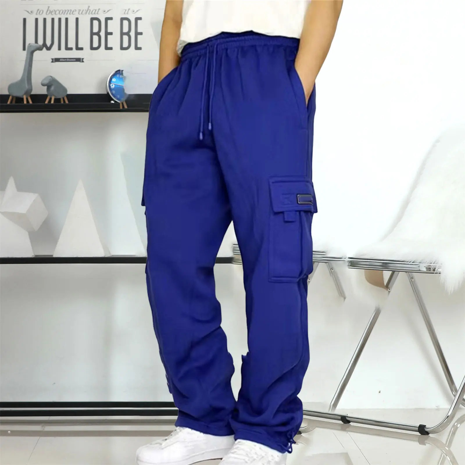 Men Solid Cargo Pants Baggy Loose Straight Wide Leg Multi Pocket Casual Cargo Trouser Plus Size Thickness Drawstring Pants