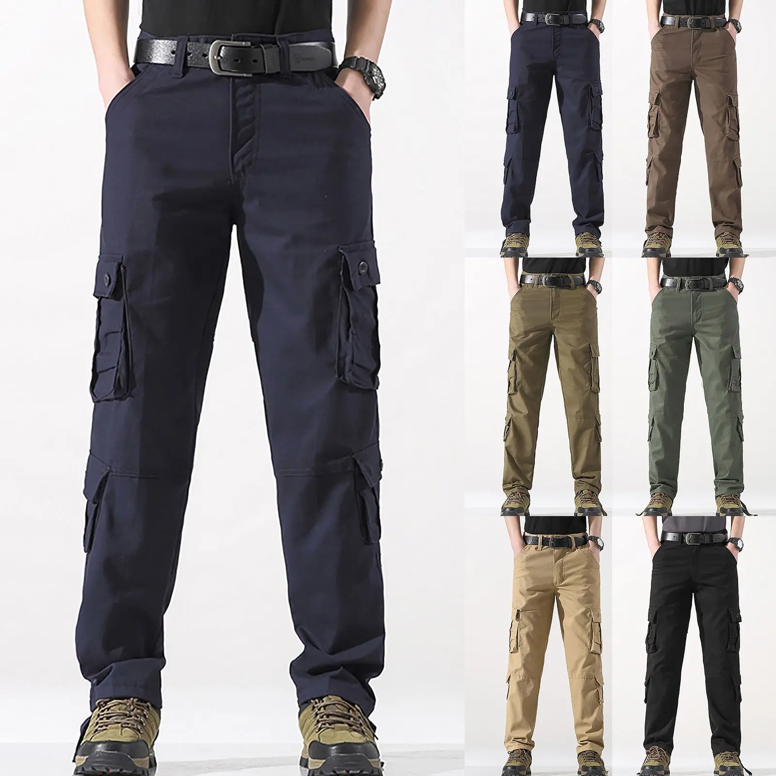 Leisure Cargo Pants Men's Straight Leg Solid Color Outdoor Casual Trousers With Multiple Pockets Loose Cotton Work Wear Pant
