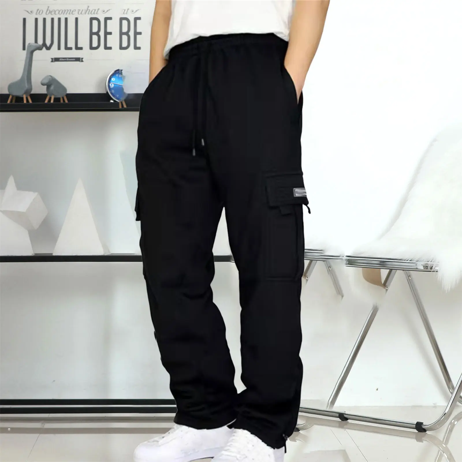Men Solid Cargo Pants Baggy Loose Straight Wide Leg Multi Pocket Casual Cargo Trouser Plus Size Thickness Drawstring Pants