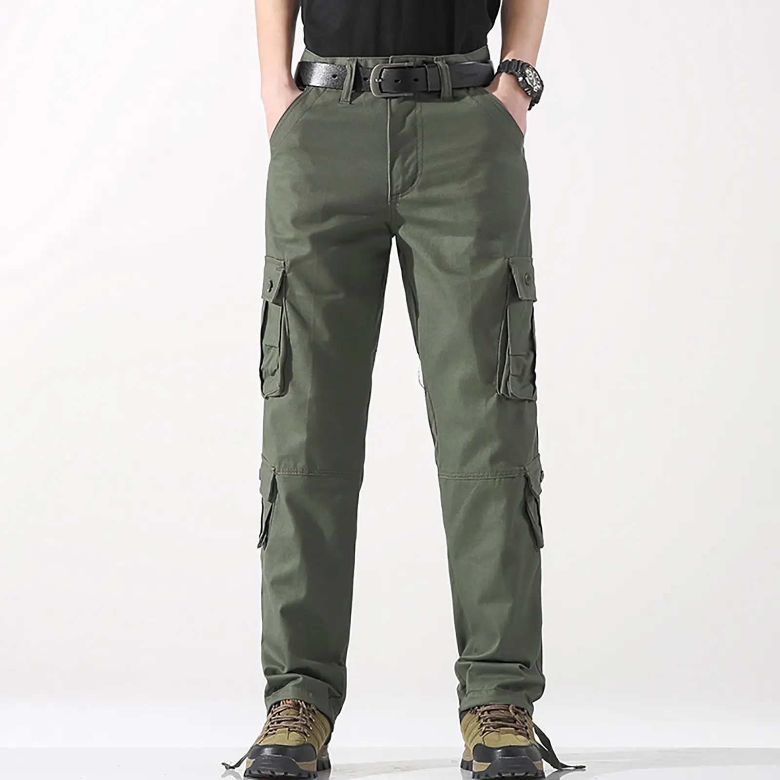 Leisure Cargo Pants Men's Straight Leg Solid Color Outdoor Casual Trousers With Multiple Pockets Loose Cotton Work Wear Pant