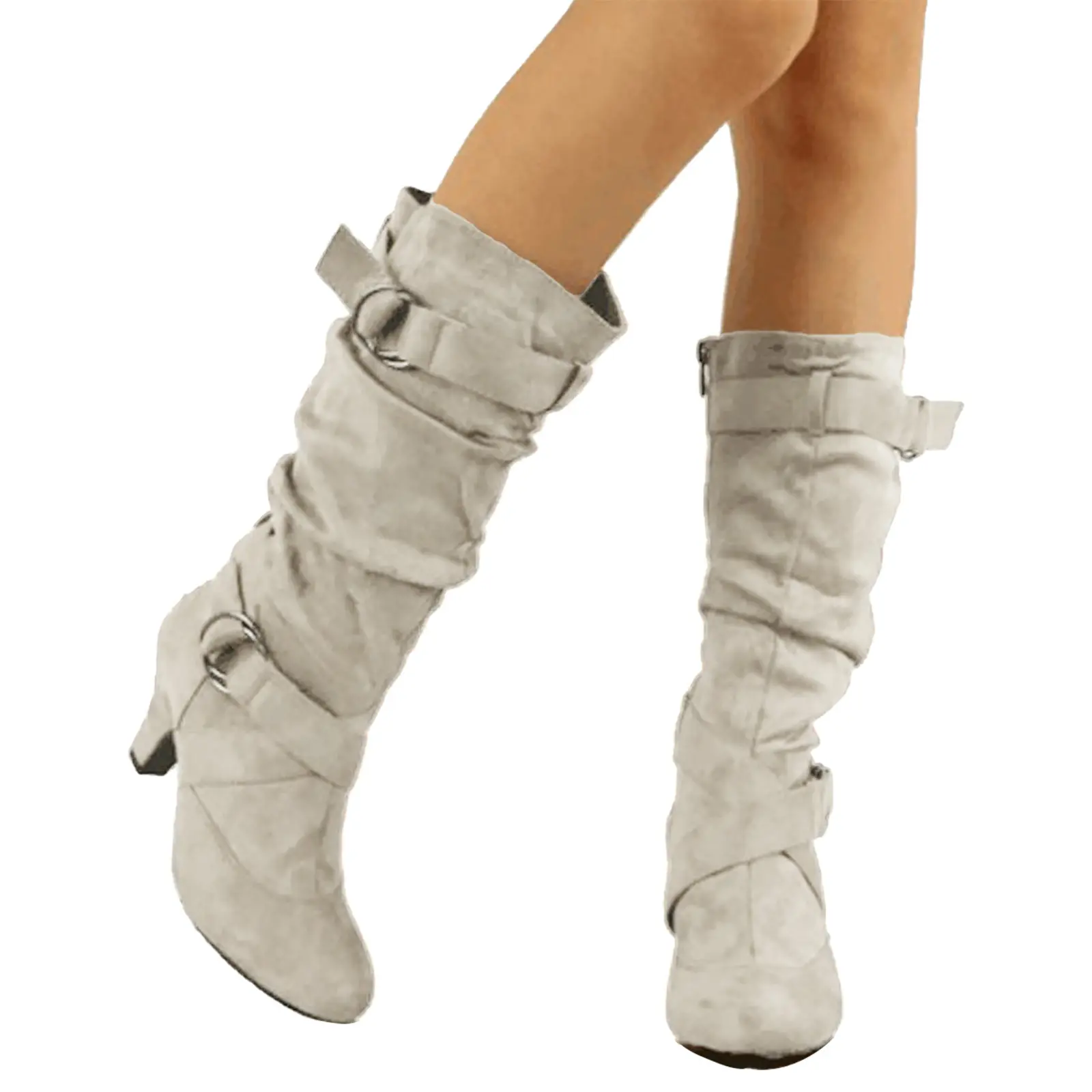 Leather Calf Boots For Women Low Heel Women's Foreign Trade Autumn And Winter New Mid Heel Slip Fashion Plush Mid Medium Boot