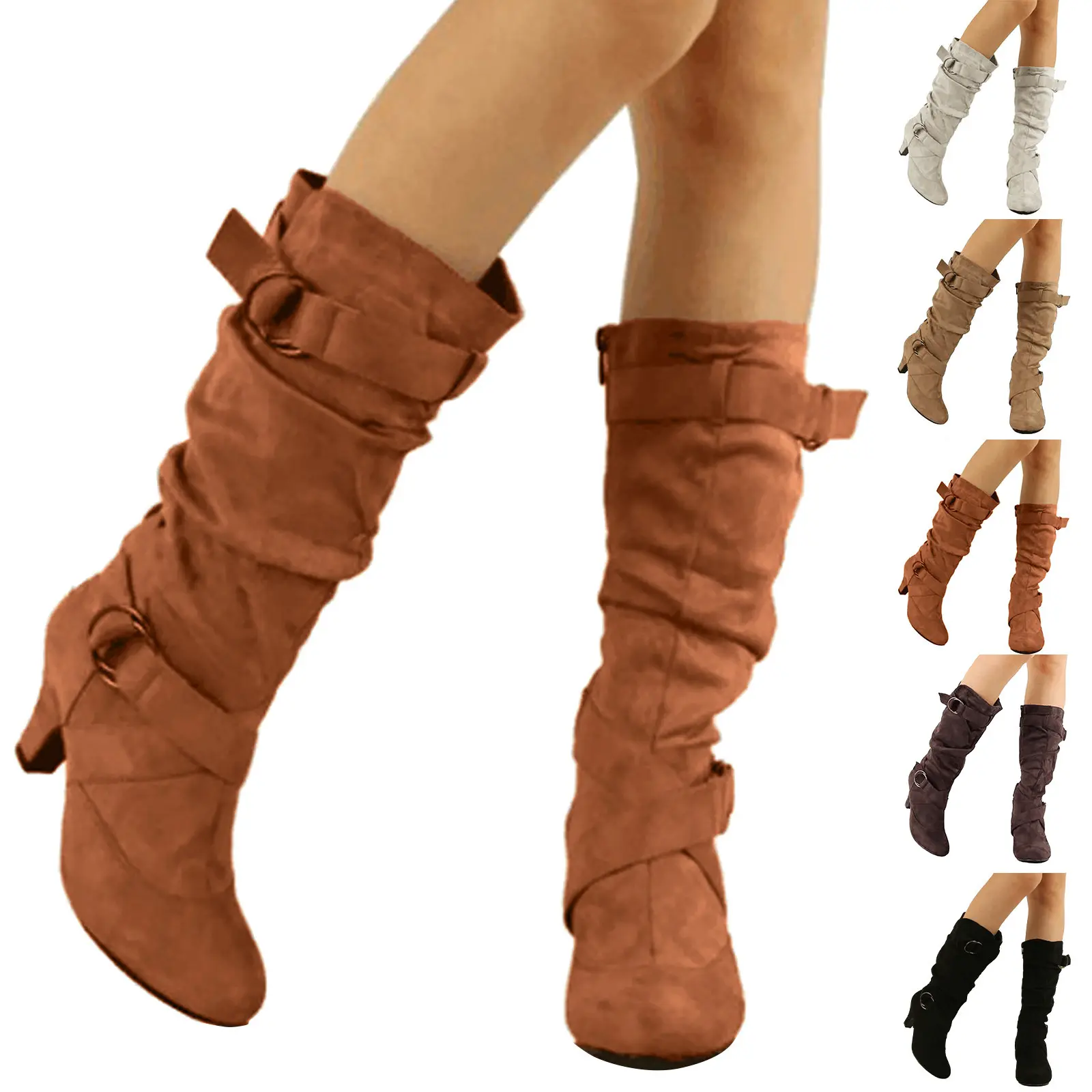 Leather Calf Boots For Women Low Heel Women's Foreign Trade Autumn And Winter New Mid Heel Slip Fashion Plush Mid Medium Boot