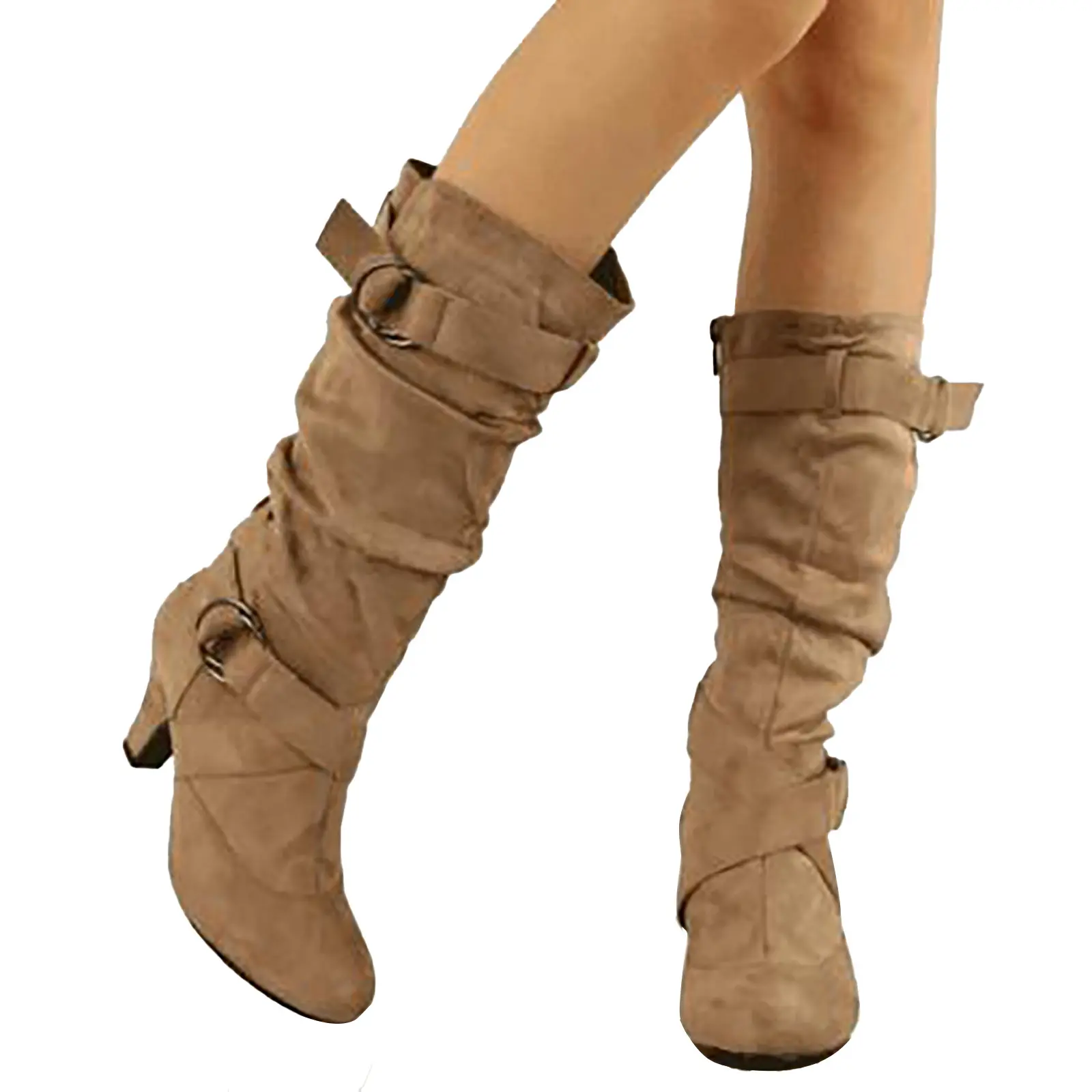 Leather Calf Boots For Women Low Heel Women's Foreign Trade Autumn And Winter New Mid Heel Slip Fashion Plush Mid Medium Boot