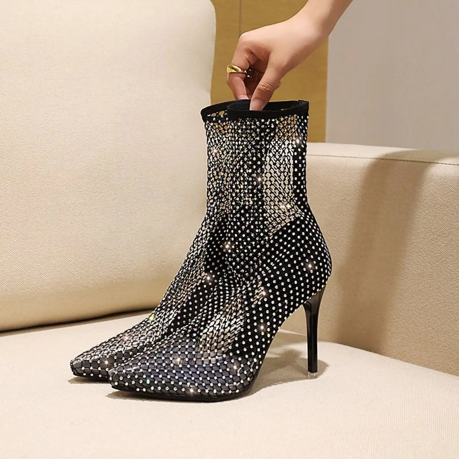 Women Thigh High Boots Shoes Toe Pointed Thin Women Boots Middle Color Rhinestone High Solid Heels Women Boots Wide Calf Leather