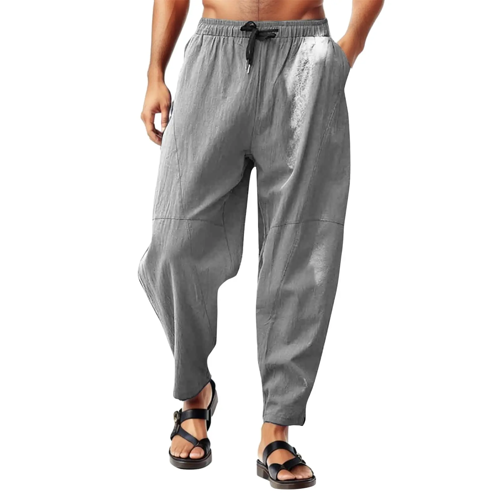 Men Baggy Casual Pants Spring And Summer Solid Color Elastic Waist Drawstring Loose Pockets Thin Breathable Beach Trouser