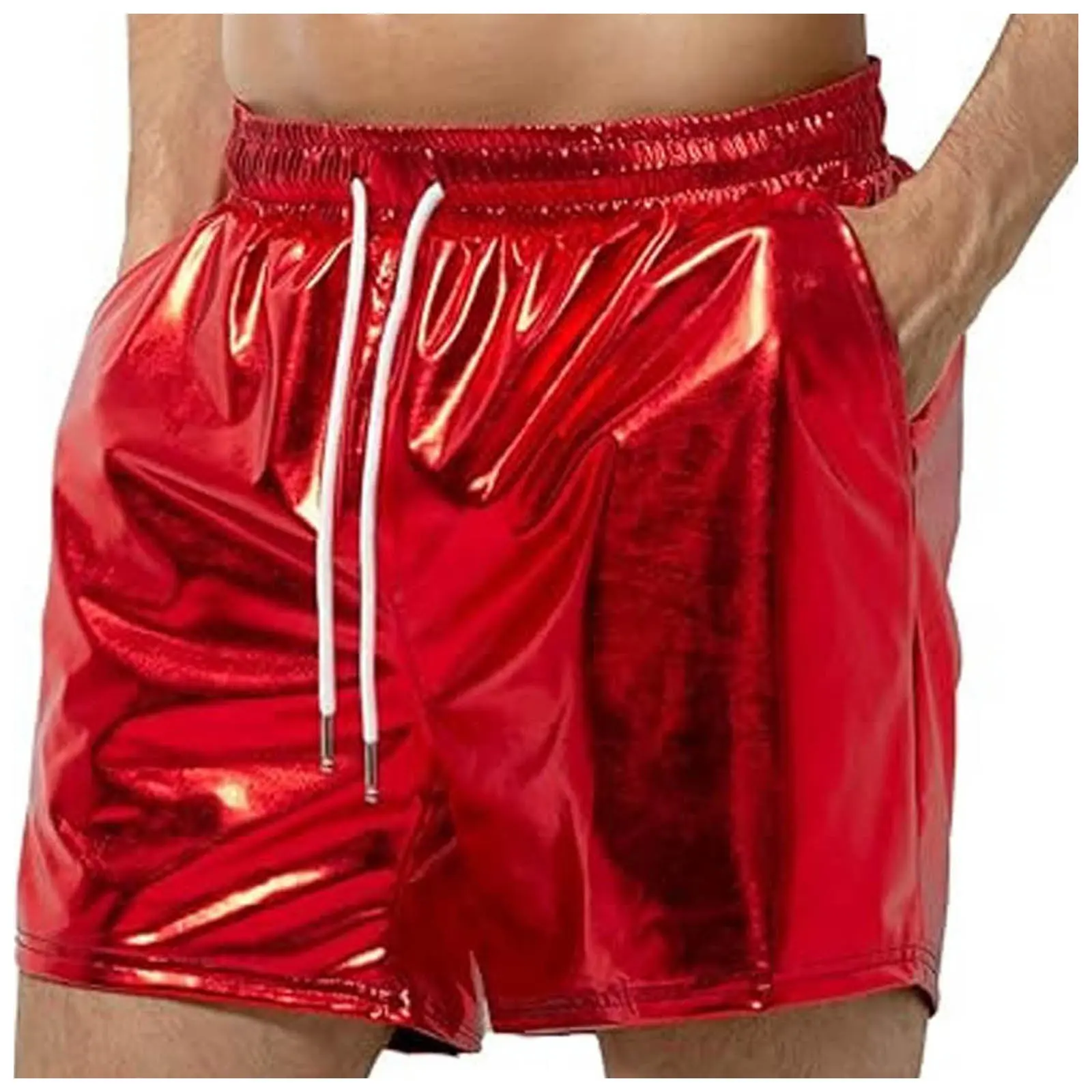 Men's Cotton Beach Shorts Sexy Metallic Shiny Sparkly Elastic Waist Drawstring Hot Pants With Pockets Glitter Outdoor Holiday