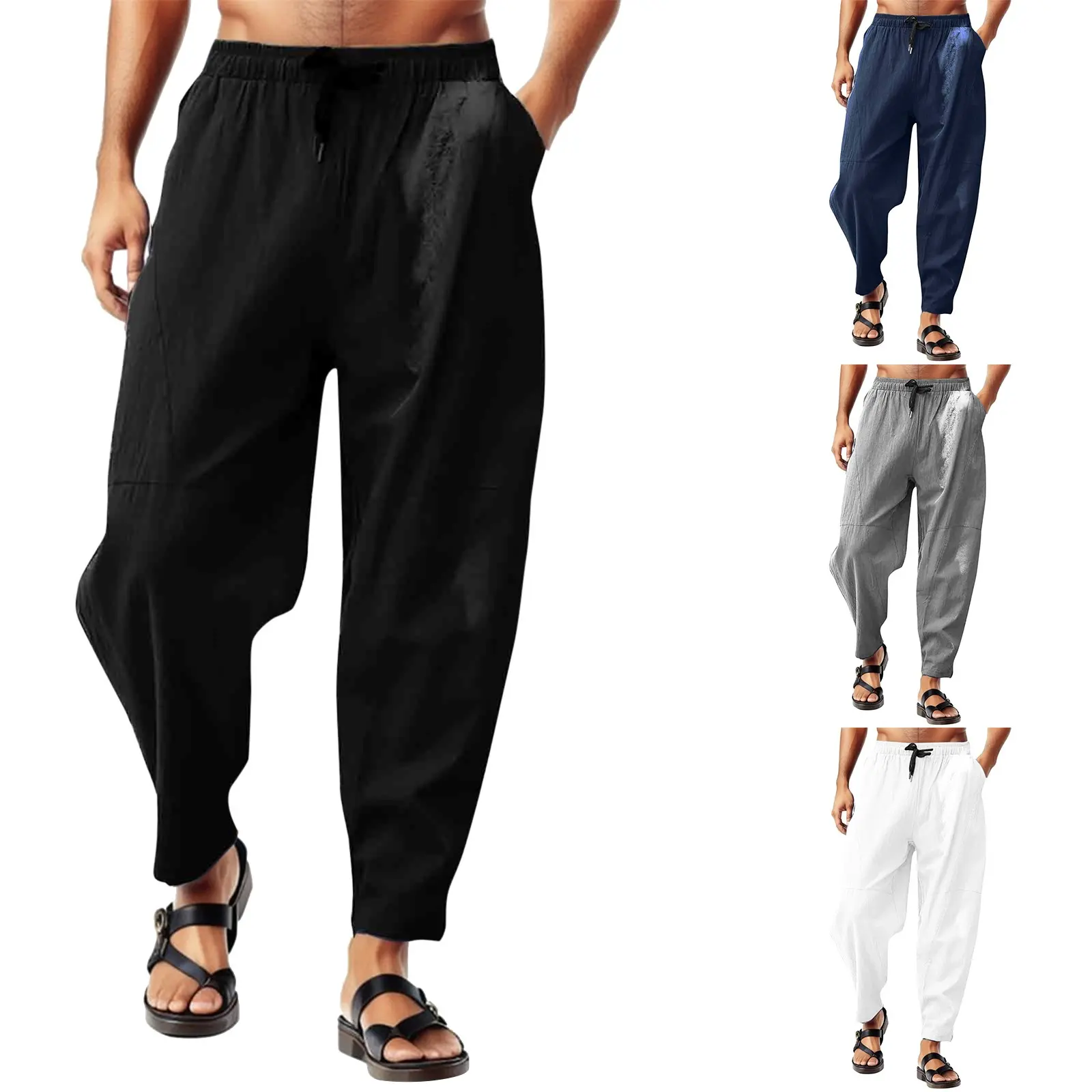 Men Baggy Casual Pants Spring And Summer Solid Color Elastic Waist Drawstring Loose Pockets Thin Breathable Beach Trouser
