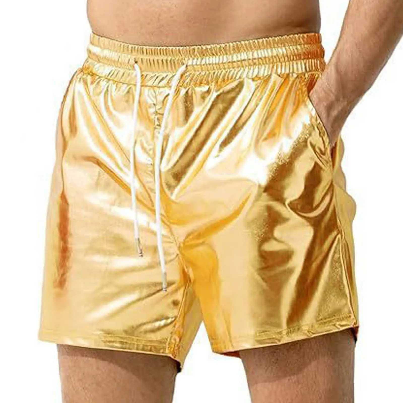 Men's Cotton Beach Shorts Sexy Metallic Shiny Sparkly Elastic Waist Drawstring Hot Pants With Pockets Glitter Outdoor Holiday