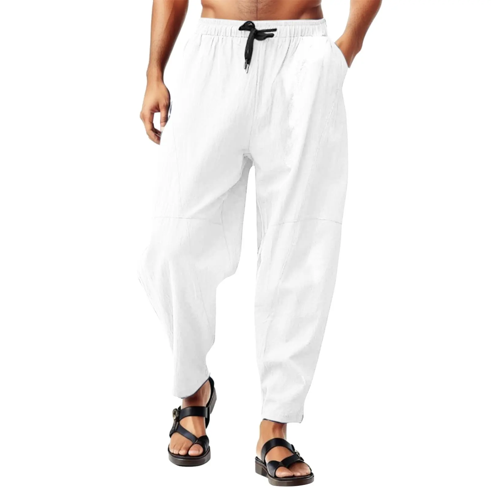 Men Baggy Casual Pants Spring And Summer Solid Color Elastic Waist Drawstring Loose Pockets Thin Breathable Beach Trouser