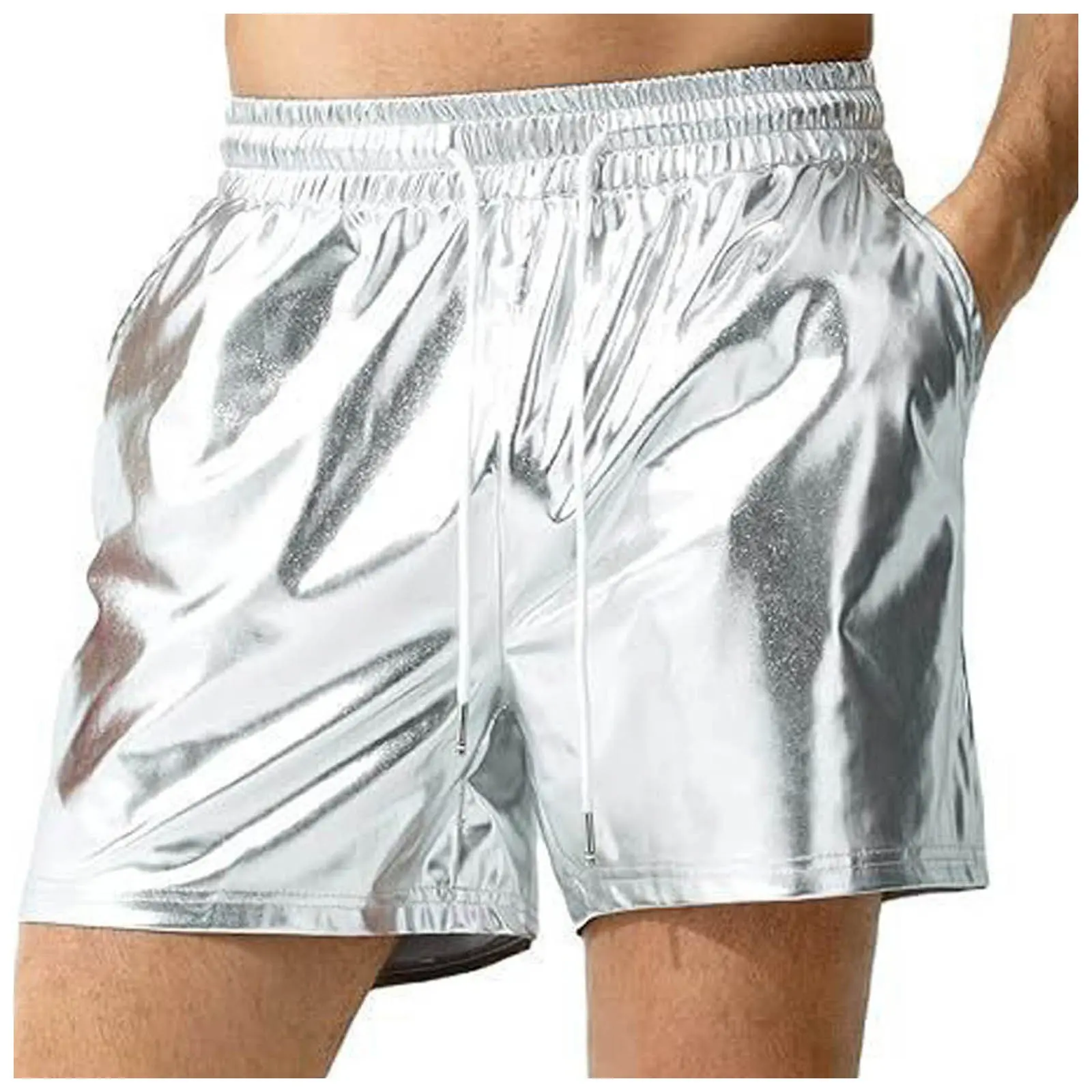 Men's Cotton Beach Shorts Sexy Metallic Shiny Sparkly Elastic Waist Drawstring Hot Pants With Pockets Glitter Outdoor Holiday