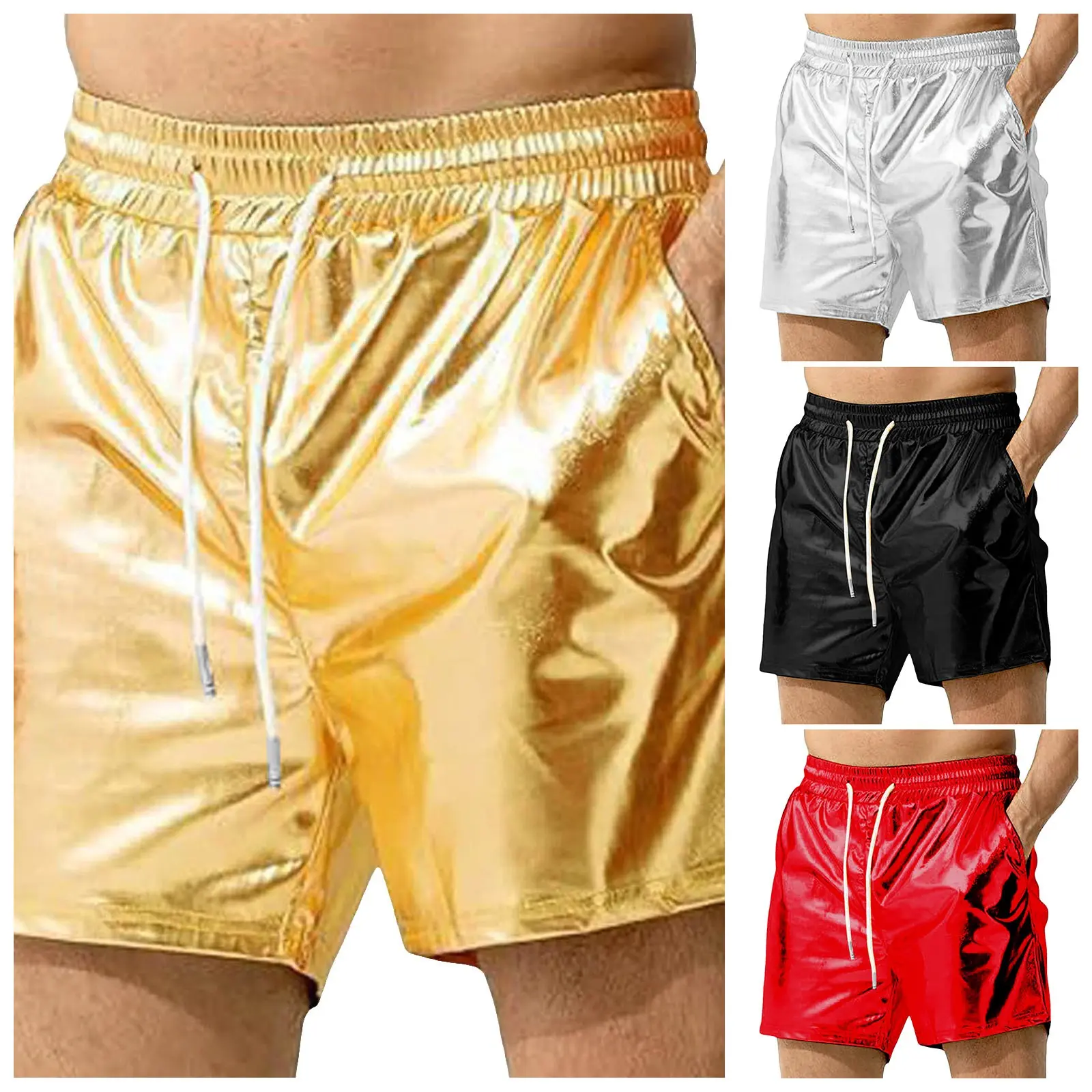 Men's Cotton Beach Shorts Sexy Metallic Shiny Sparkly Elastic Waist Drawstring Hot Pants With Pockets Glitter Outdoor Holiday