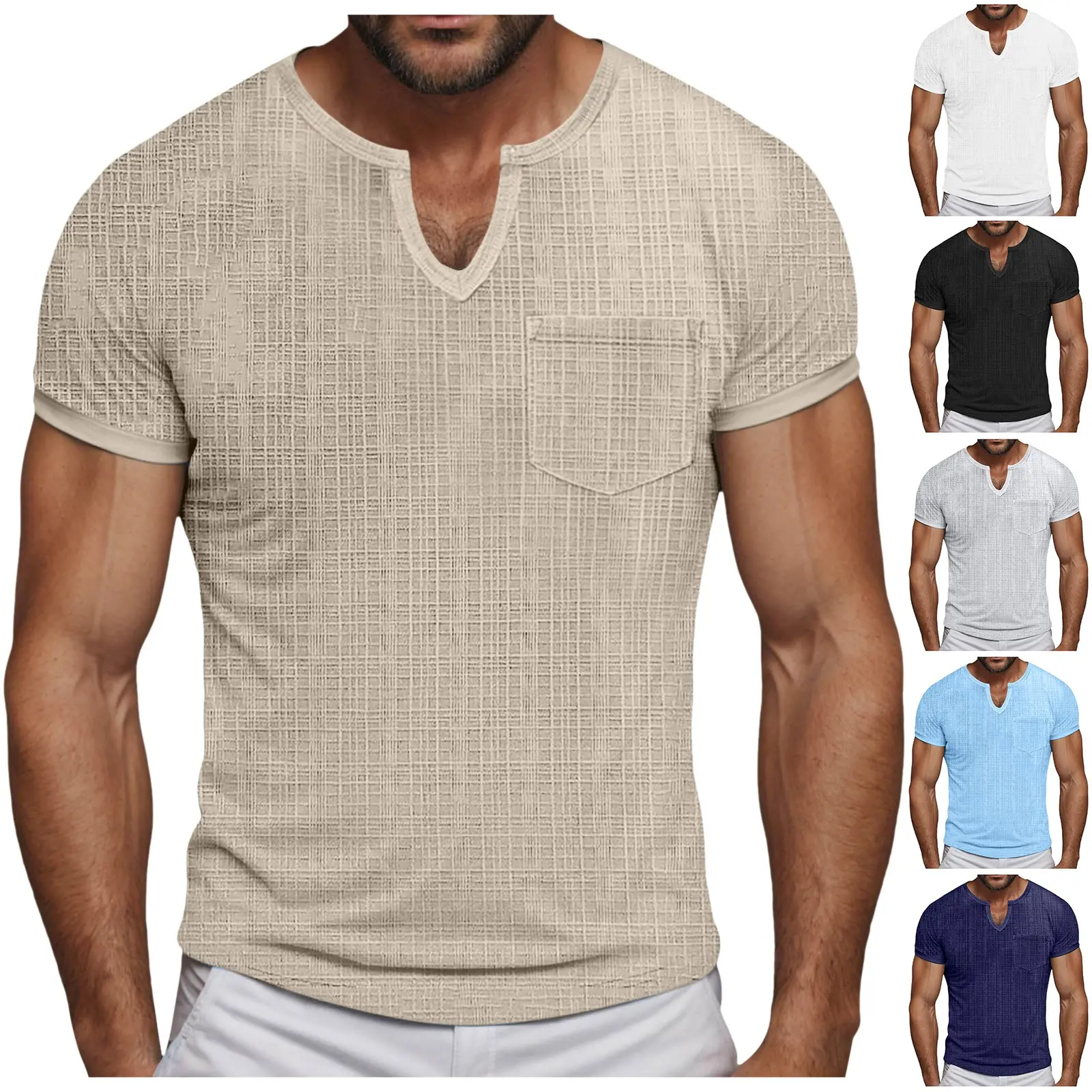 Men's Casual T Shirts Short Sleeve V Neck Basic Fashion Tops Summer Beach Holiday Fast Drying Linen Breathable T-shirt