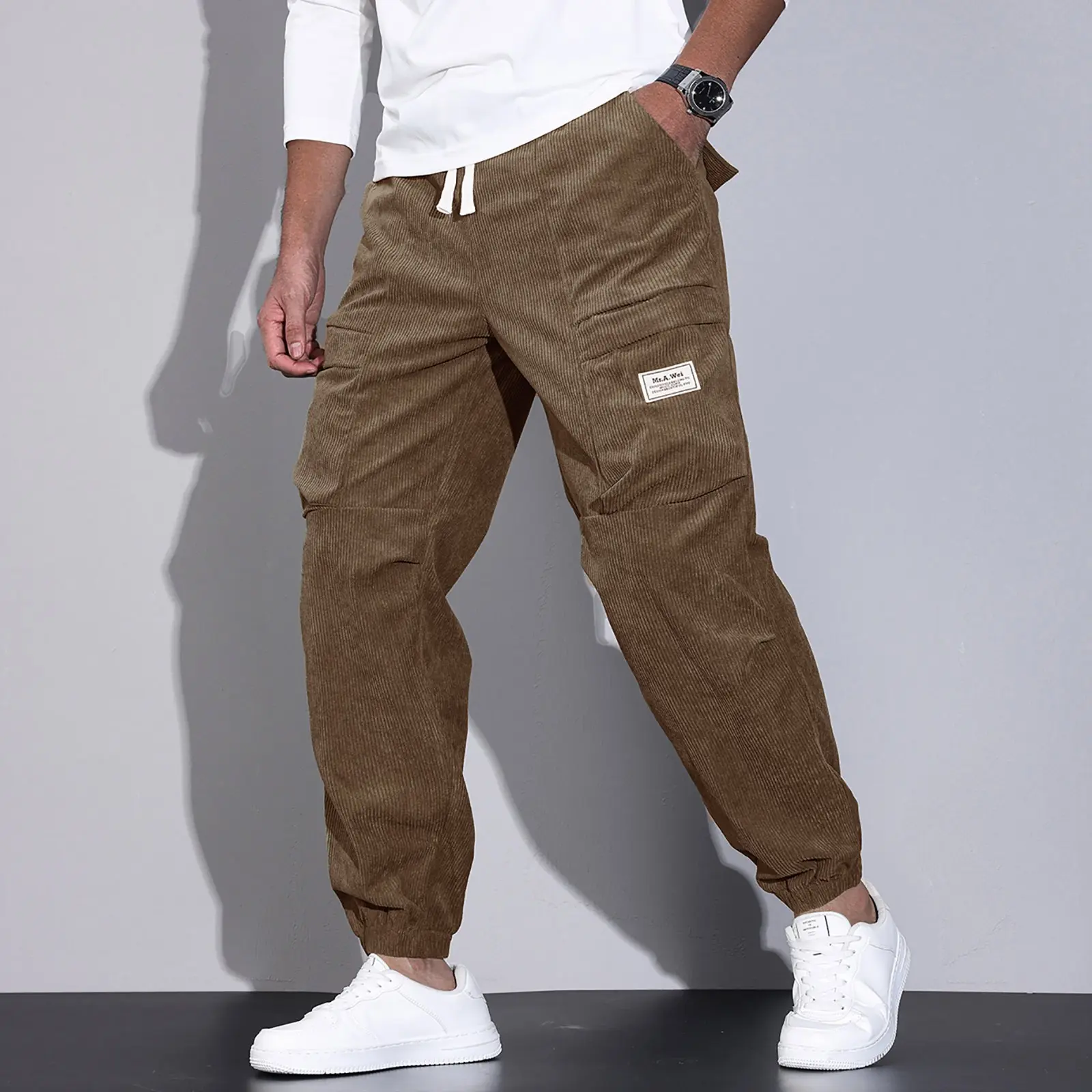 Corduroy Cargo Pants For Men Male Casual Loose Straight Leg Workwear Pants With Pockets Stirped Texture Fashionable Bottoms