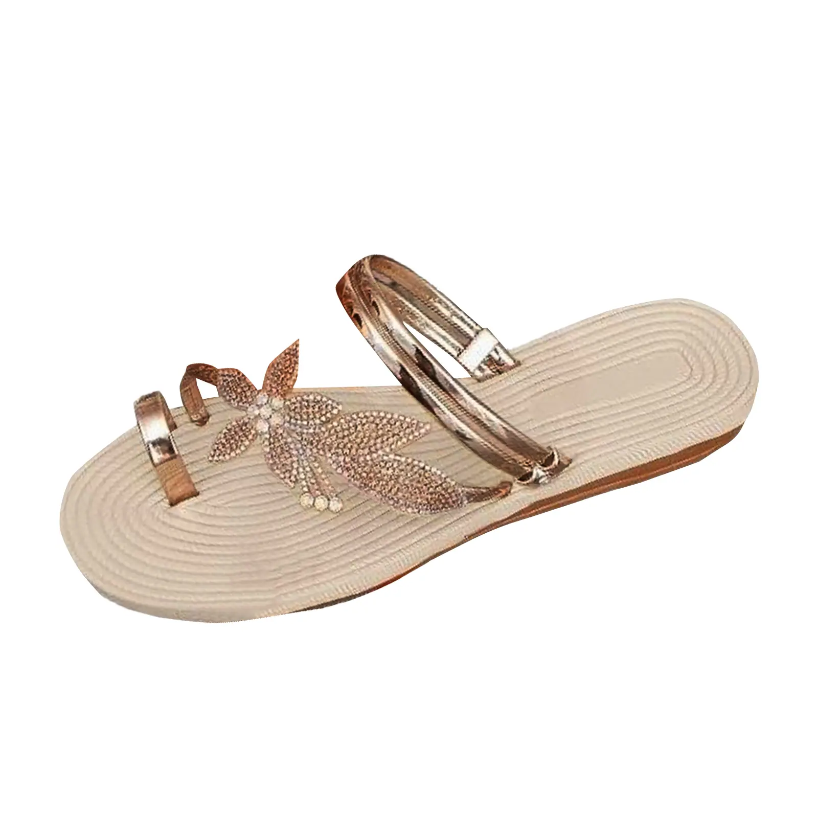 Women's Fashion Beach Slippers Non Slip Flat Bottom Rhinestone Flower Decorative Open Toe Soft Bottom Comfortable Slipper
