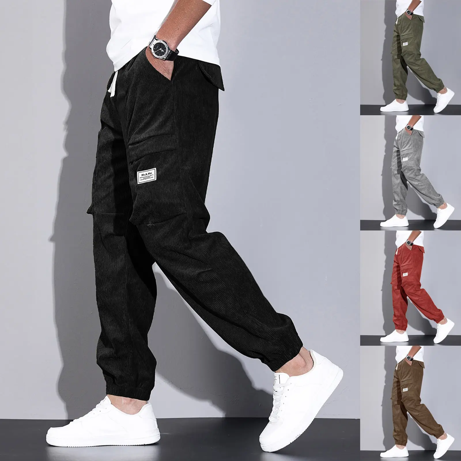 Corduroy Cargo Pants For Men Male Casual Loose Straight Leg Workwear Pants With Pockets Stirped Texture Fashionable Bottoms