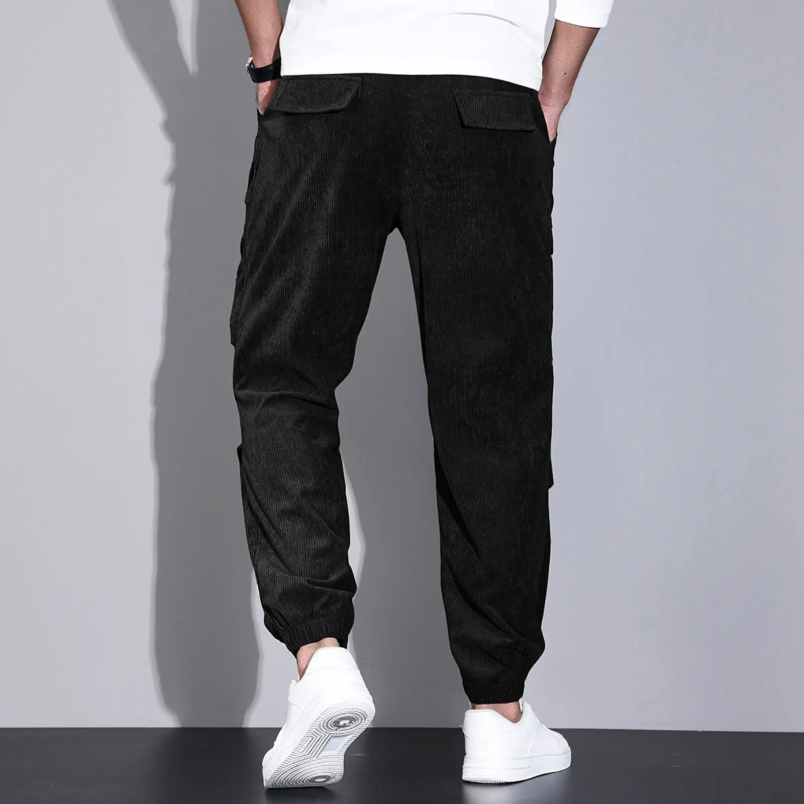 Corduroy Cargo Pants For Men Male Casual Loose Straight Leg Workwear Pants With Pockets Stirped Texture Fashionable Bottoms