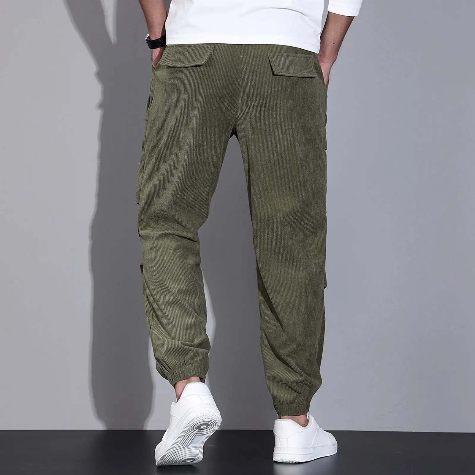 Corduroy Cargo Pants For Men Male Casual Loose Straight Leg Workwear Pants With Pockets Stirped Texture Fashionable Bottoms