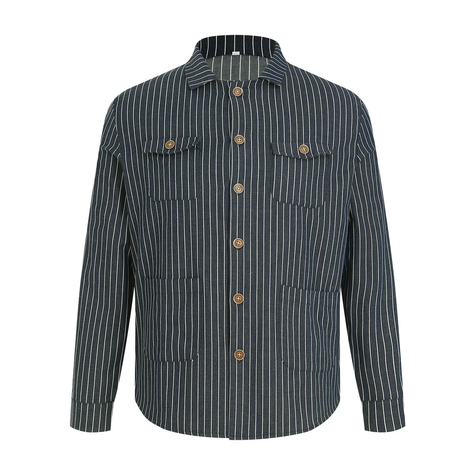 Men's Vintage Lapel Neck Shirts Fashion Striped Printed Long Sleeve Blouse With Double Pockets Male High End Temperament Shirt