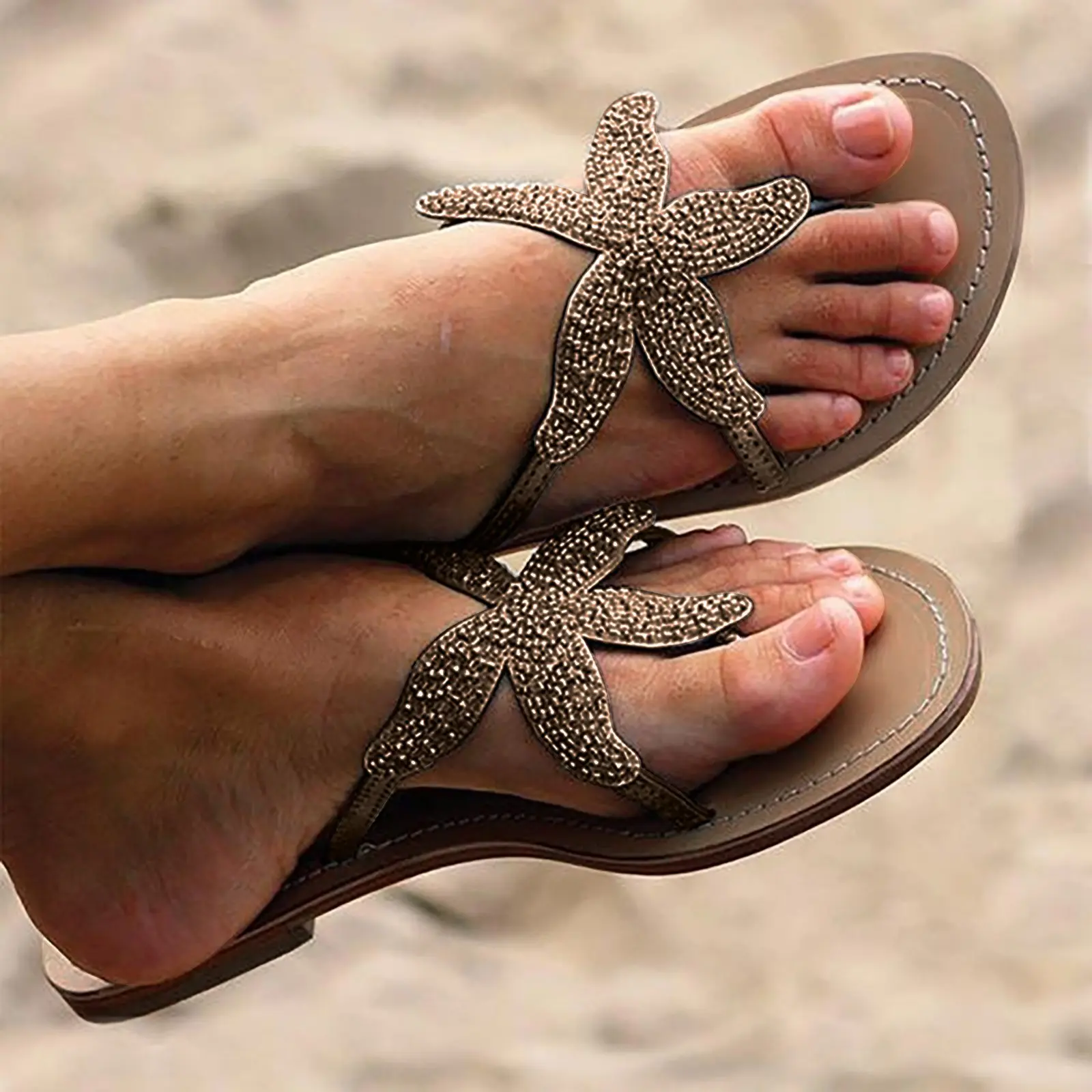 Women's Fashion Casual Slippers Outdoor Walking Beach Holiday Leisure Temperament Breathable Flip Flops Sea Star Splicing Shoes