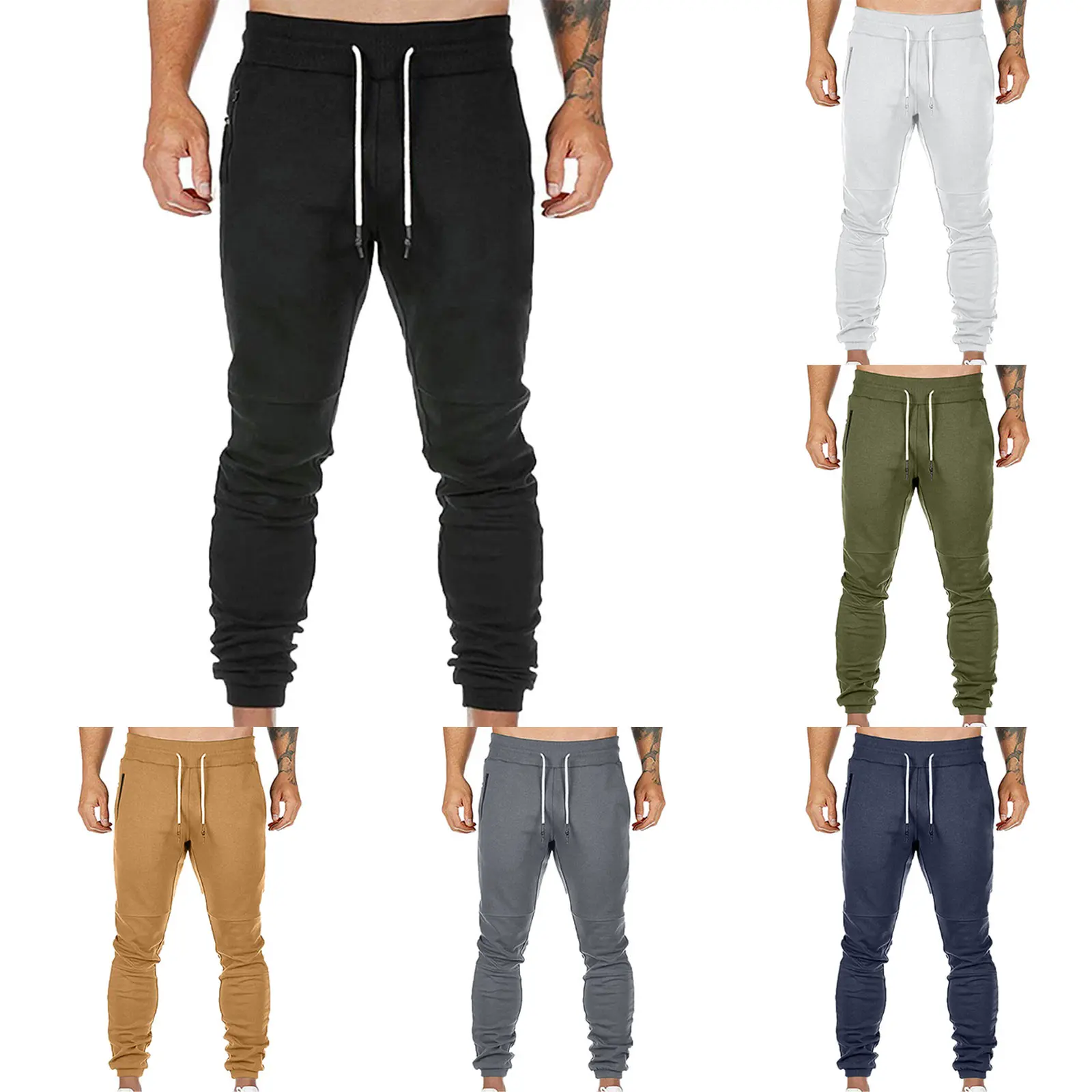 Cargo Pants for Men Solid Color Side Pockets Lace Up Waistband Casual Trousers European American Fitness Athletic Trousers