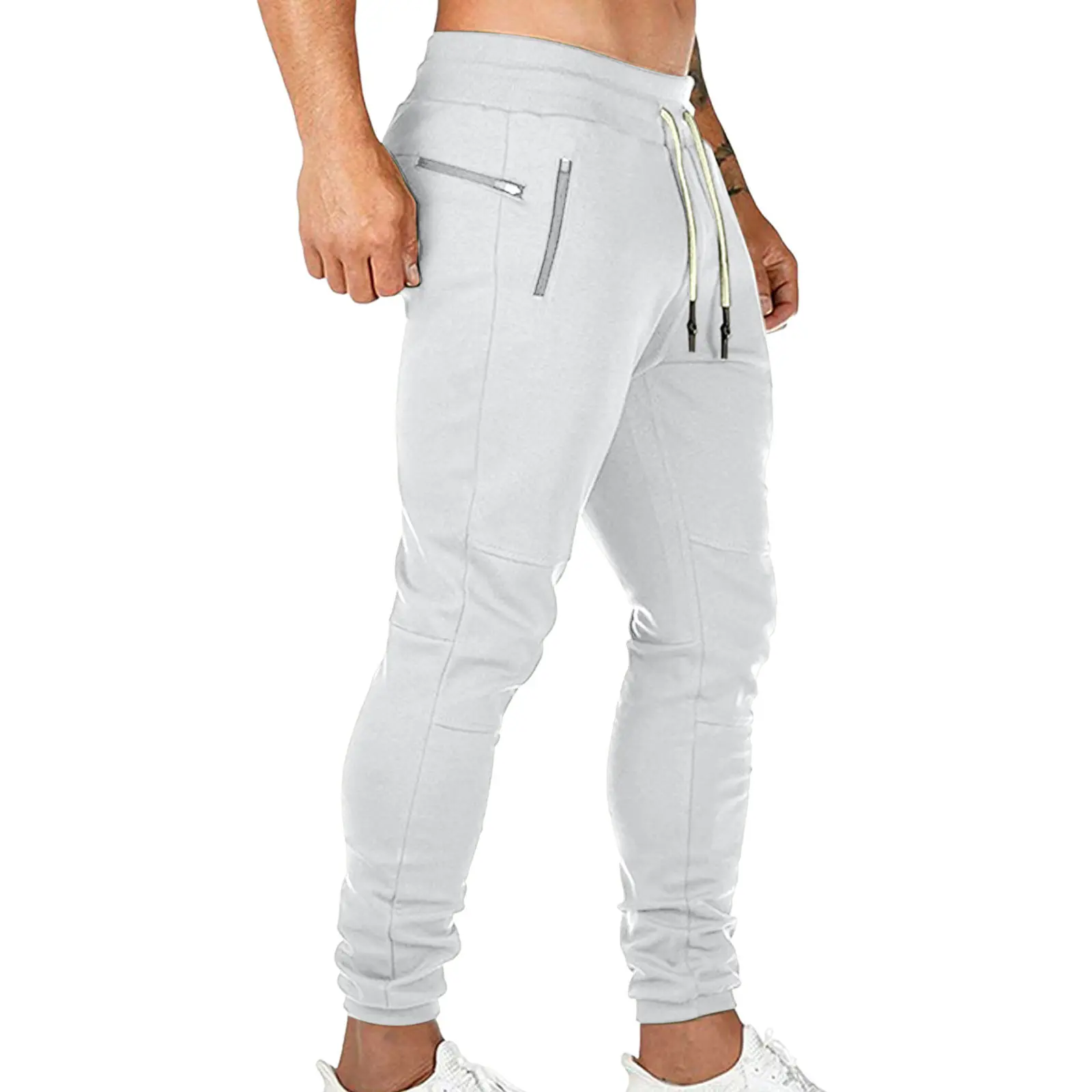 Cargo Pants for Men Solid Color Side Pockets Lace Up Waistband Casual Trousers European American Fitness Athletic Trousers