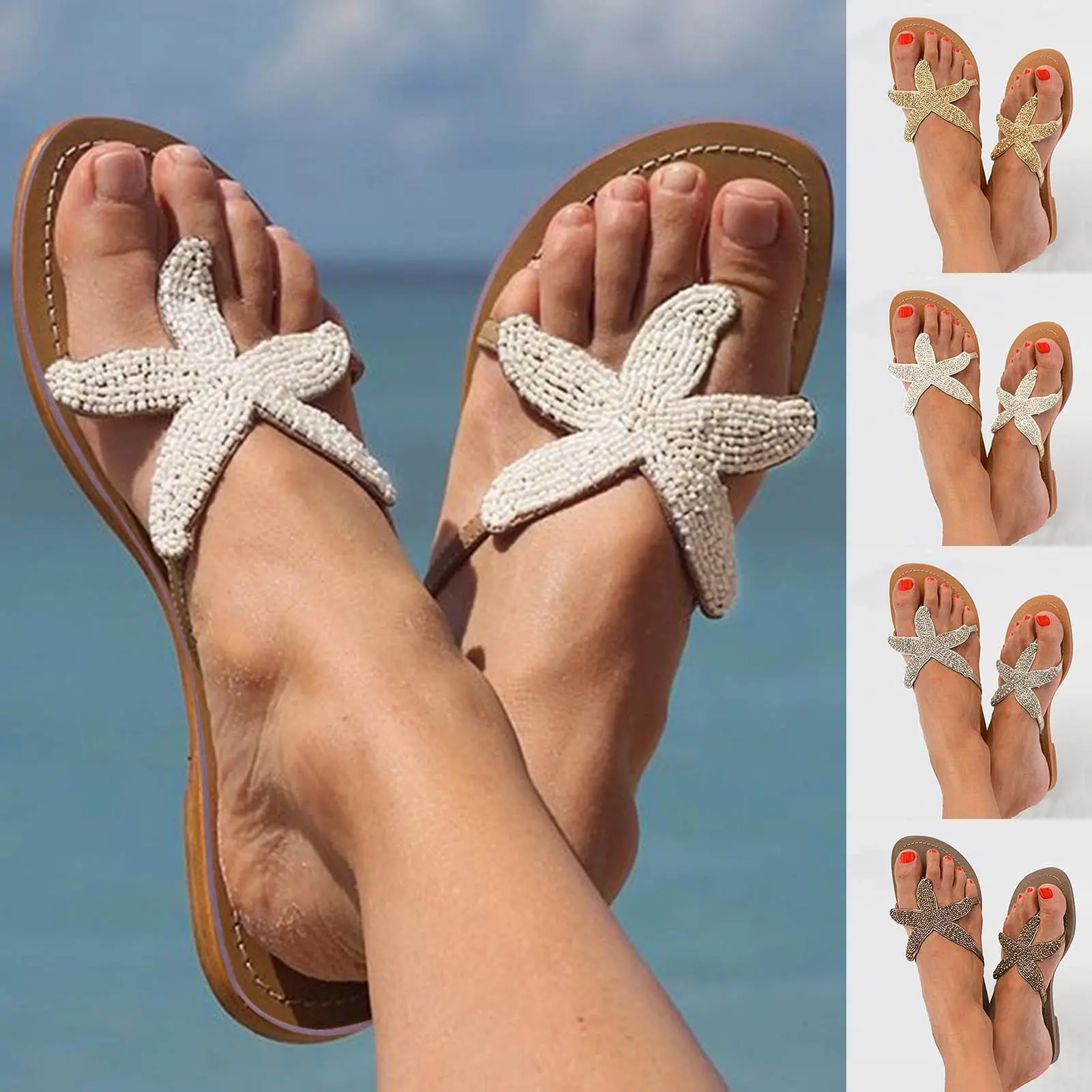 Women's Fashion Casual Slippers Outdoor Walking Beach Holiday Leisure Temperament Breathable Flip Flops Sea Star Splicing Shoes