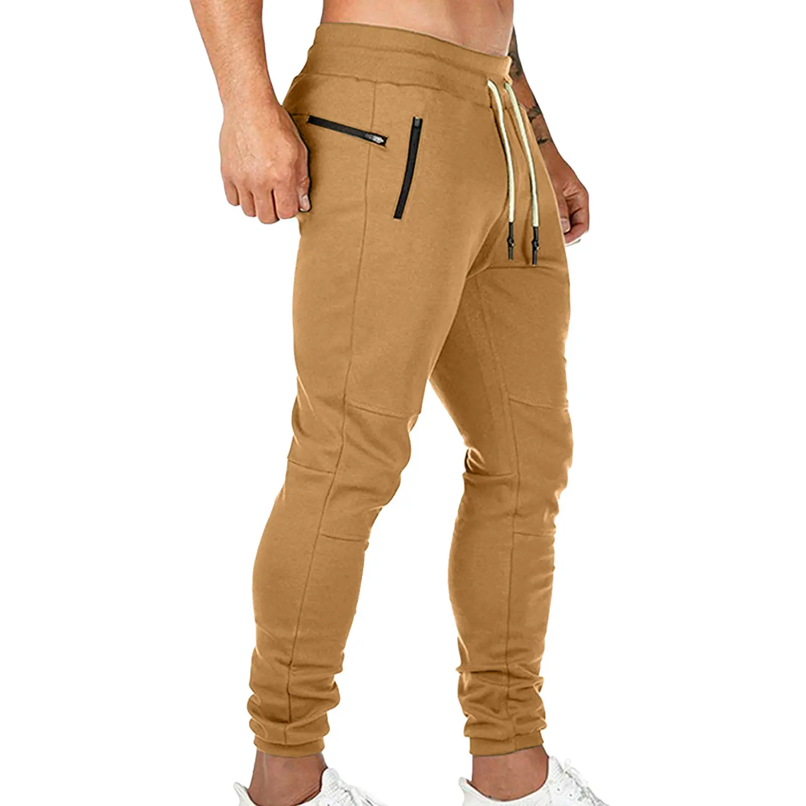 Cargo Pants for Men Solid Color Side Pockets Lace Up Waistband Casual Trousers European American Fitness Athletic Trousers