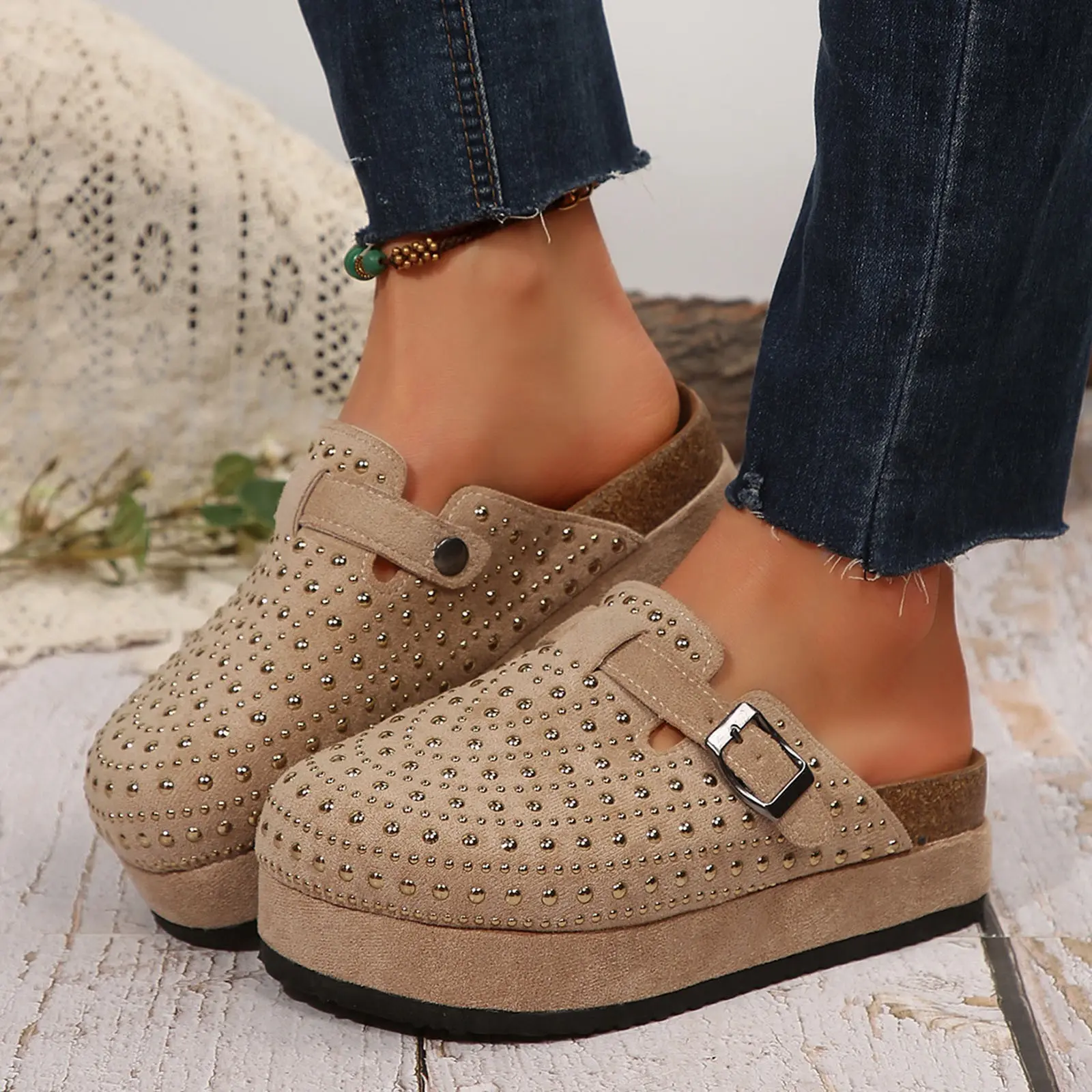 Women's Footbed Sandals Round Toe Suede Clogs Leather Mules Cork With Arch Support Rhinestone Decorative Bohemian Slippers