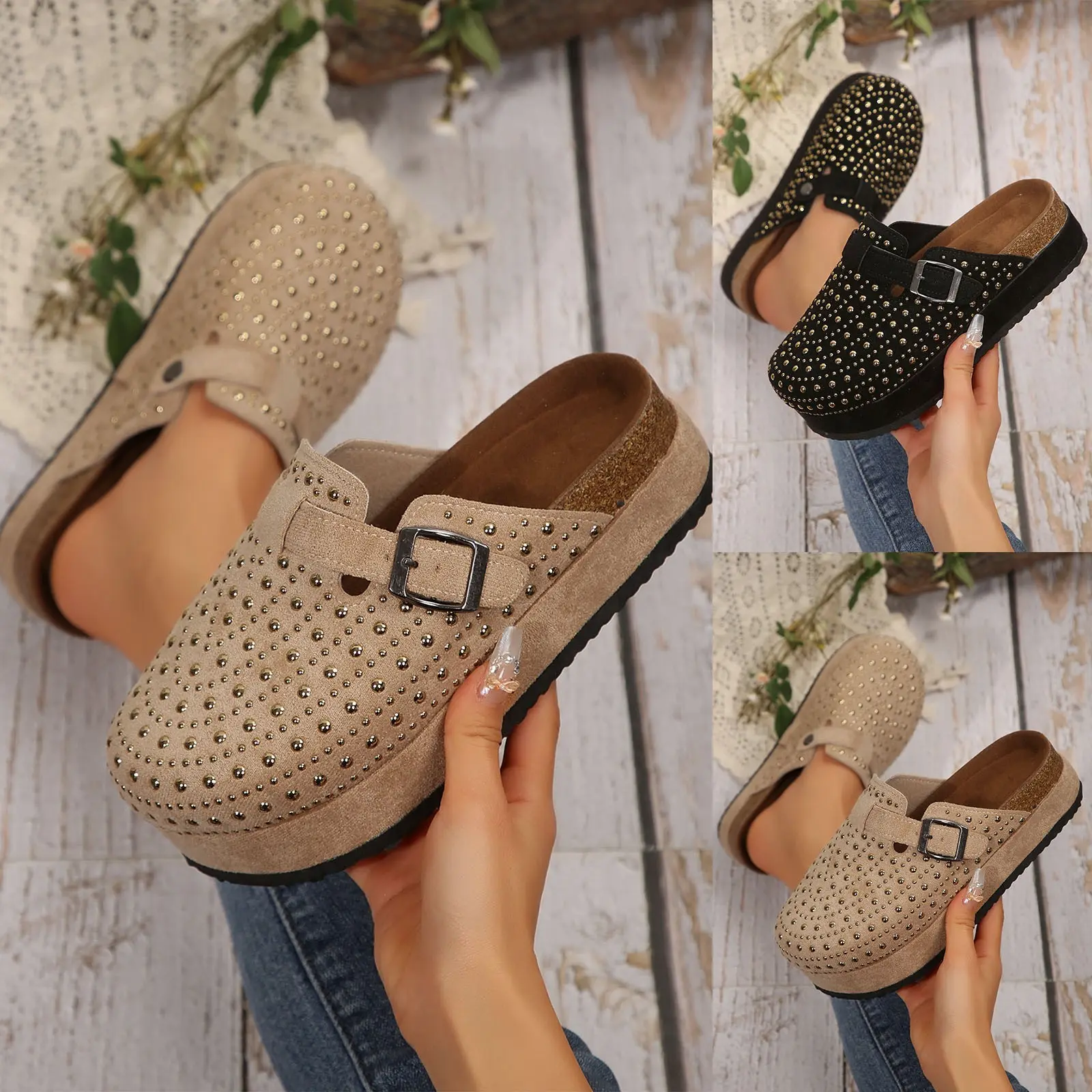 Women's Footbed Sandals Round Toe Suede Clogs Leather Mules Cork With Arch Support Rhinestone Decorative Bohemian Slippers