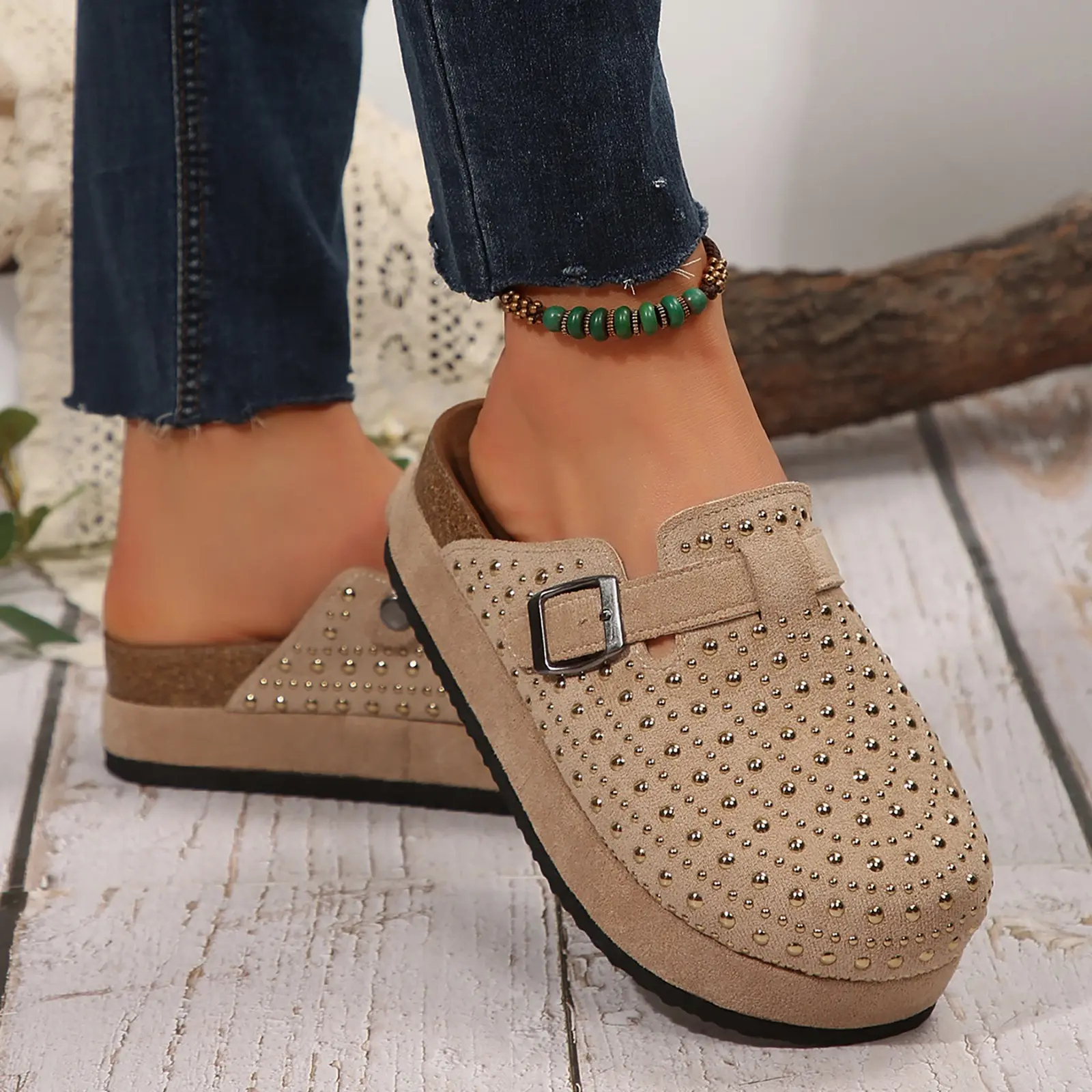 Women's Footbed Sandals Round Toe Suede Clogs Leather Mules Cork With Arch Support Rhinestone Decorative Bohemian Slippers