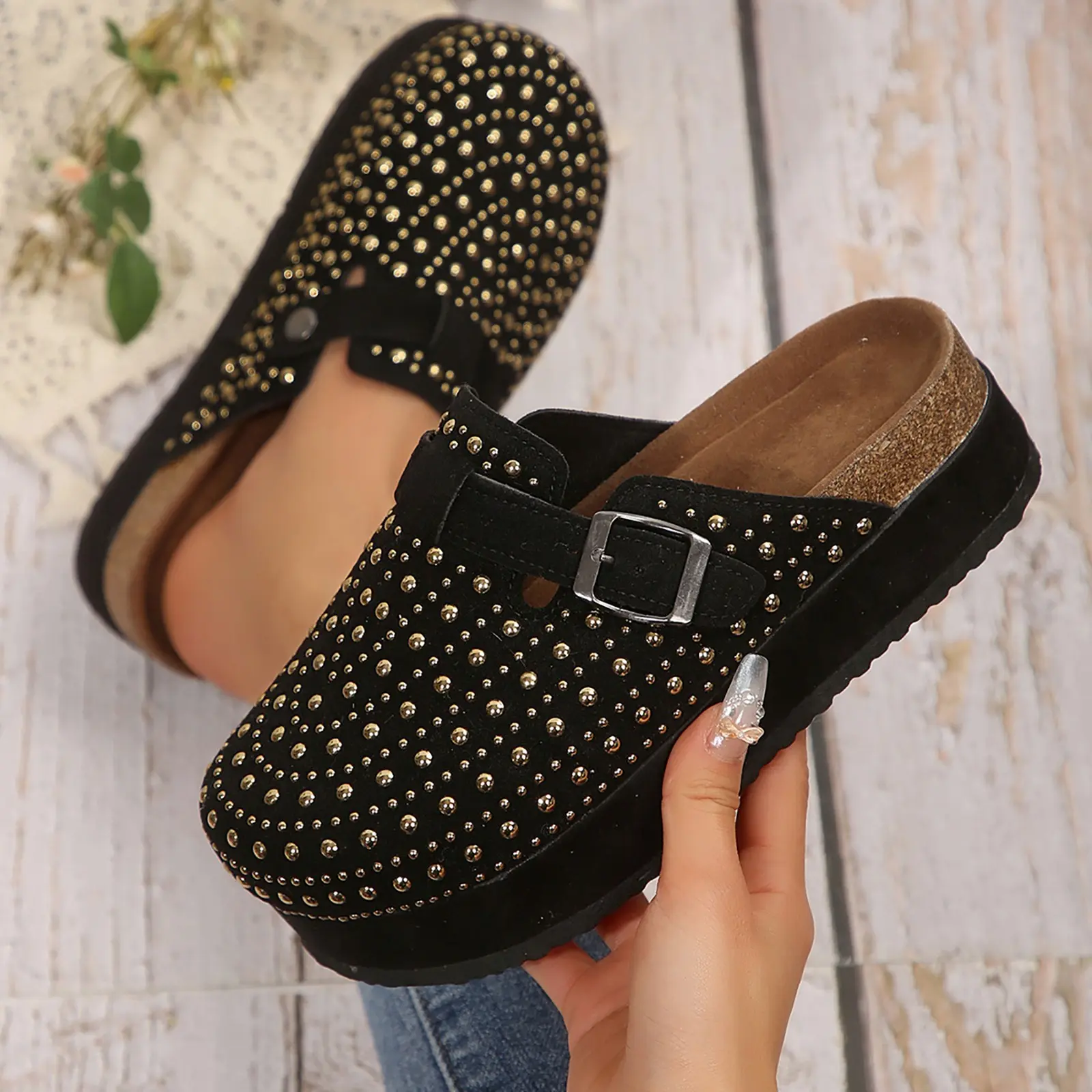 Women's Footbed Sandals Round Toe Suede Clogs Leather Mules Cork With Arch Support Rhinestone Decorative Bohemian Slippers