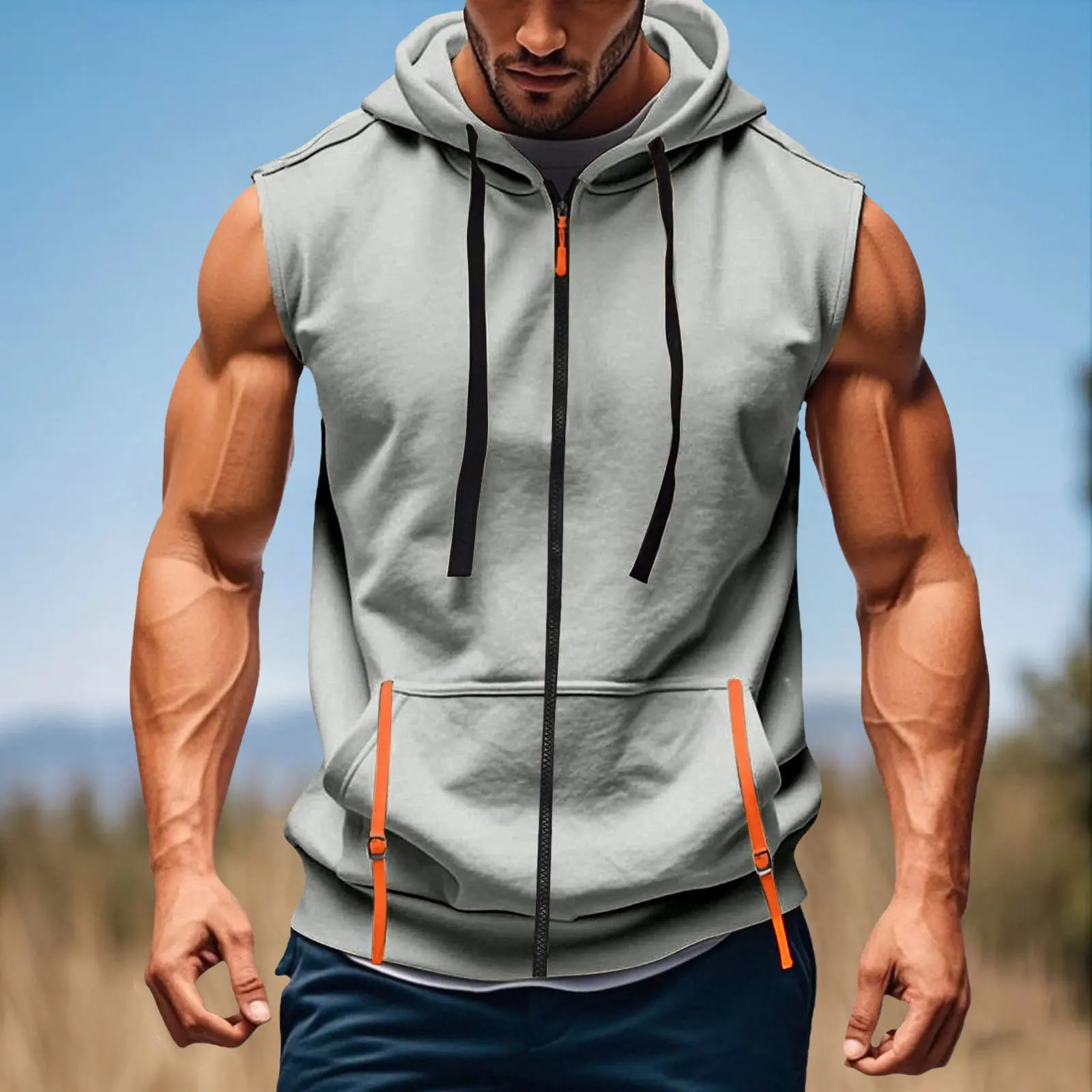 Men's Running Fitness Hoodies Short Sleeve Quarter Zip Sleeveless Hooded Lightweight Oversized Pockets Loose Breathable Hoodies