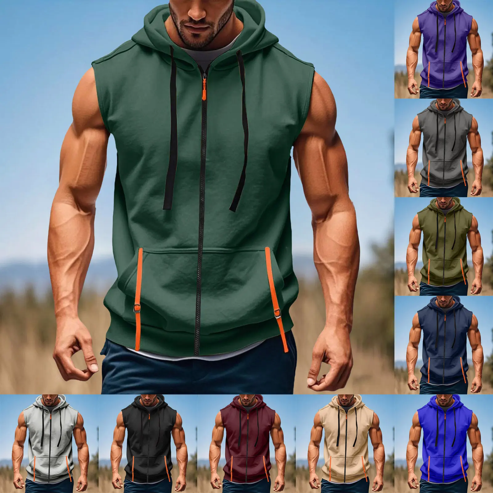 Men's Running Fitness Hoodies Short Sleeve Quarter Zip Sleeveless Hooded Lightweight Oversized Pockets Loose Breathable Hoodies