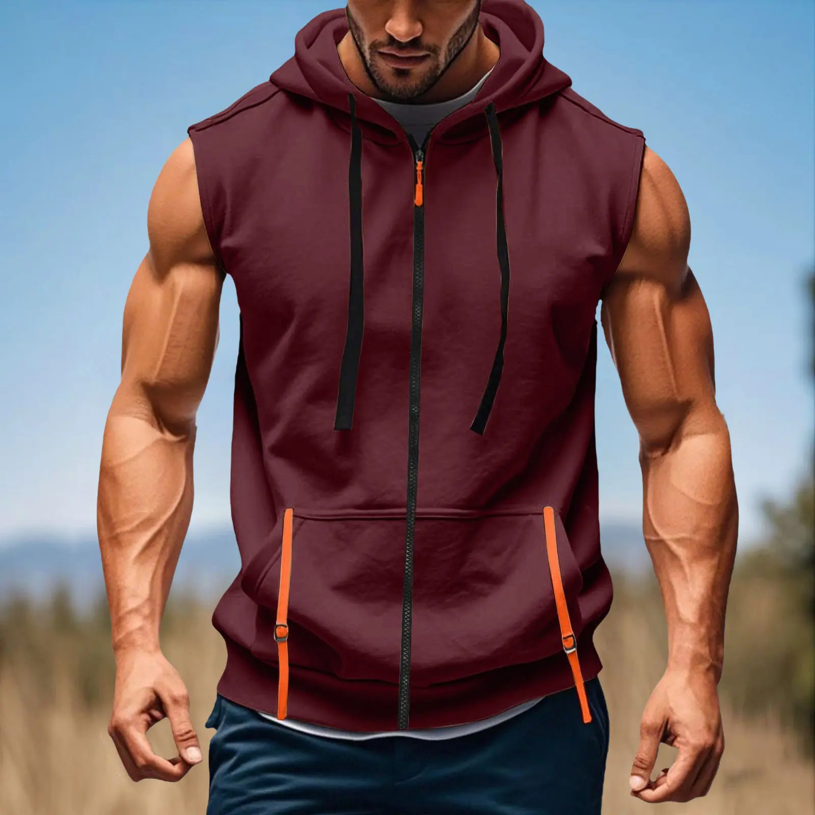 Men's Running Fitness Hoodies Short Sleeve Quarter Zip Sleeveless Hooded Lightweight Oversized Pockets Loose Breathable Hoodies