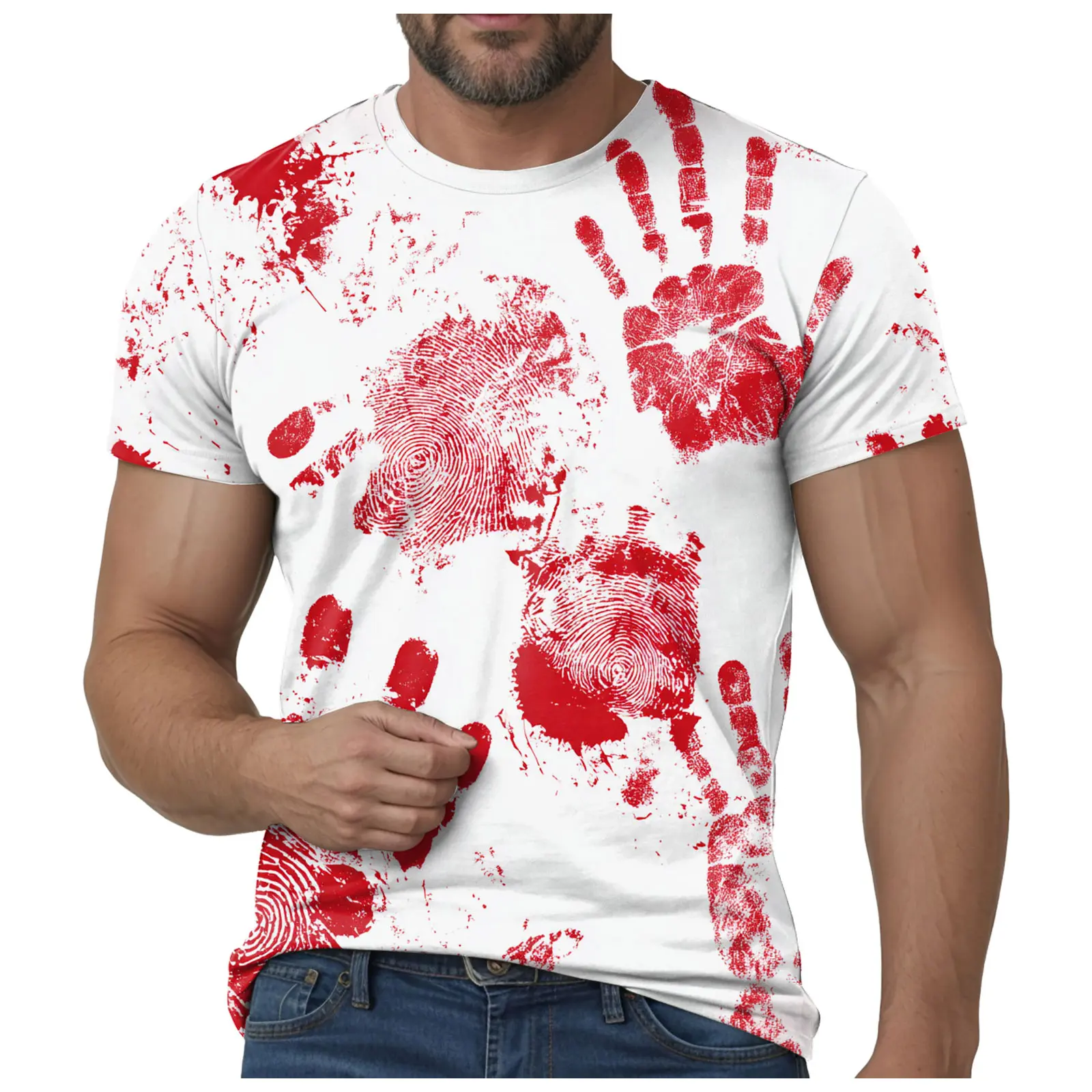 Mens Thin T Shirts Halloween T Shirt Men's Casual Crew Neck Blood Splash Pattern Tops Shirt Bloody Printed Short Apparel T Shirt