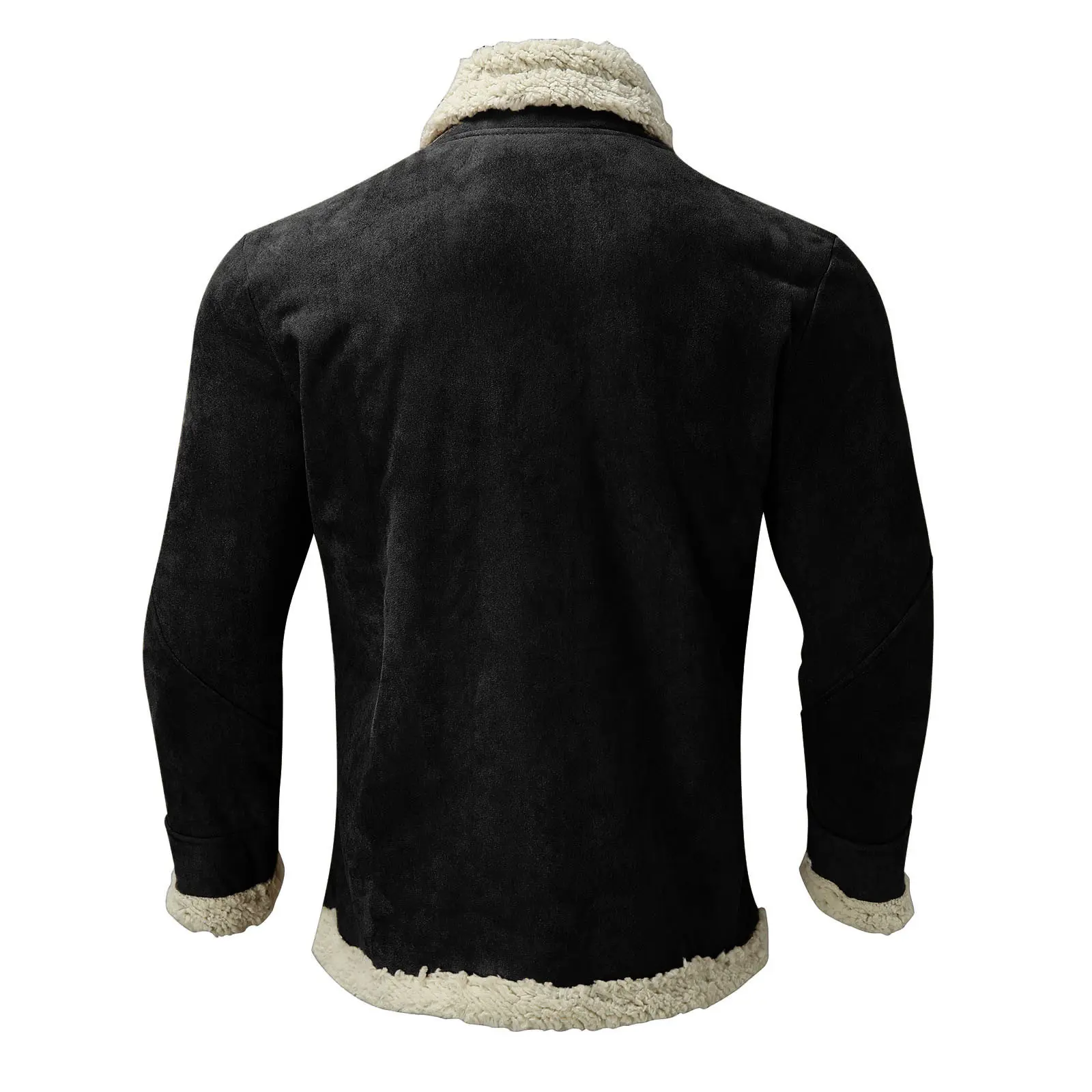 Men's Casual Plush Jacket Solid Color Zipper Wool Warm Long Sleeve Turn-down Collar Coat Jacket With Pockets