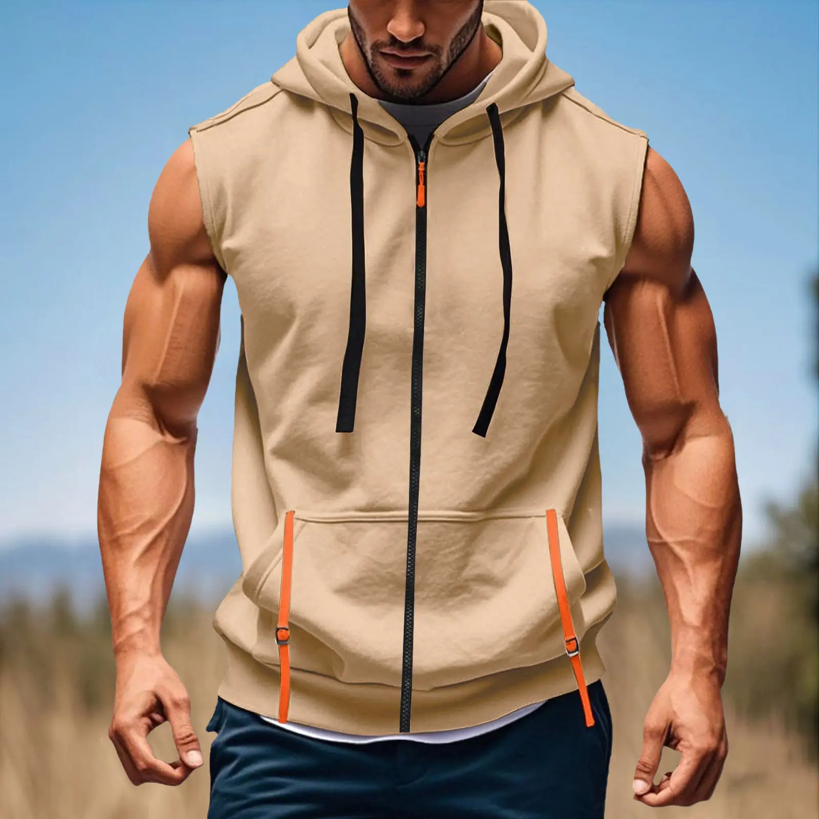 Men's Running Fitness Hoodies Short Sleeve Quarter Zip Sleeveless Hooded Lightweight Oversized Pockets Loose Breathable Hoodies