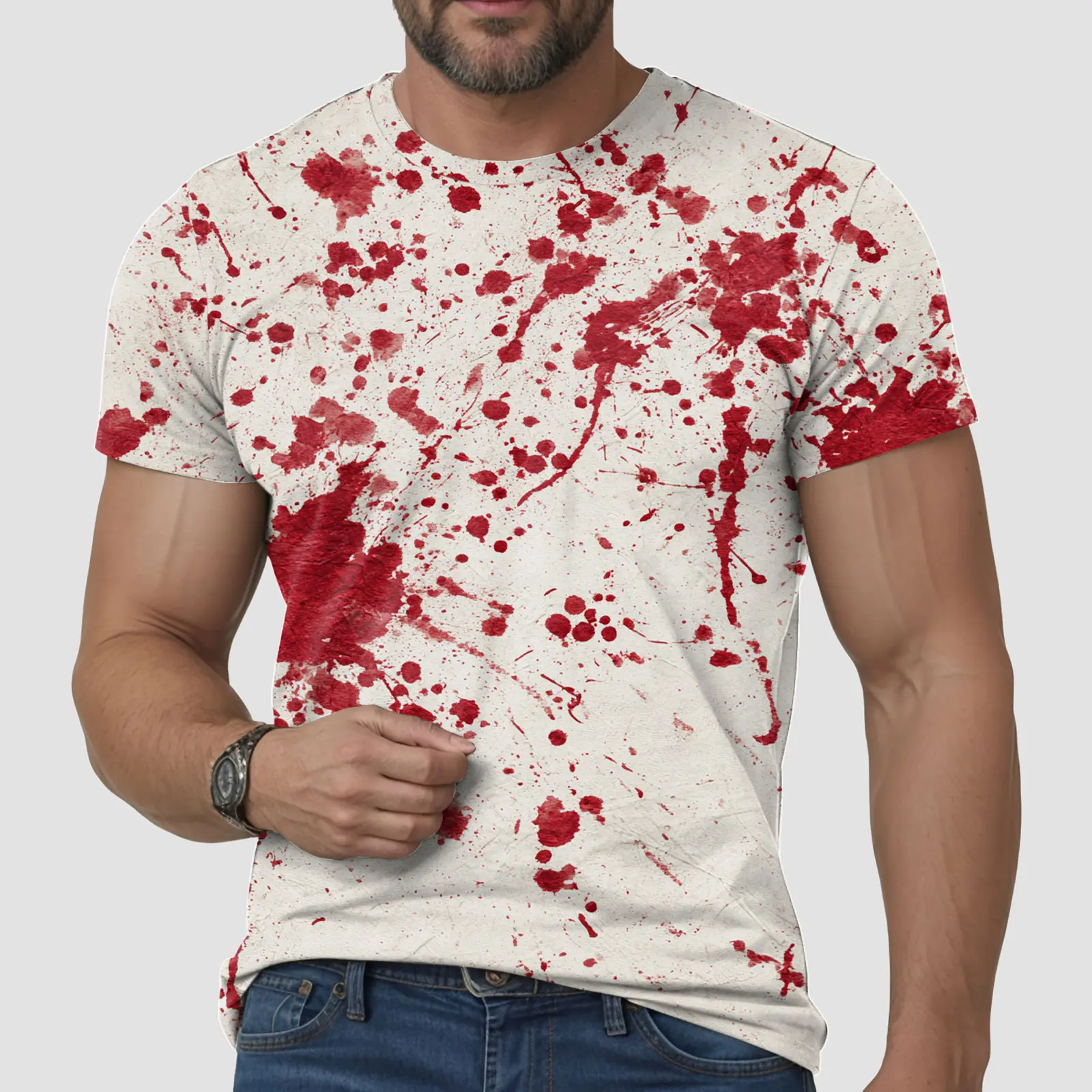 Mens Thin T Shirts Halloween T Shirt Men's Casual Crew Neck Blood Splash Pattern Tops Shirt Bloody Printed Short Apparel T Shirt