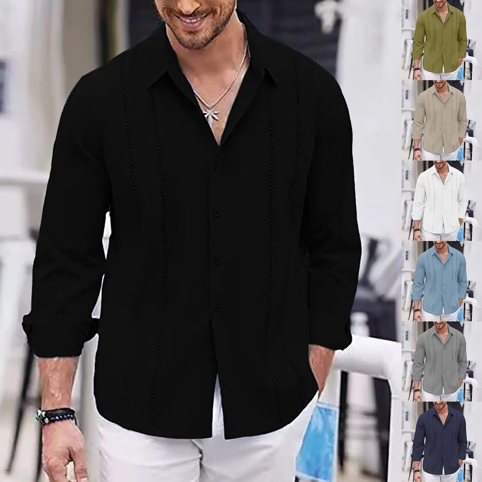 Men's Lapel Neck Embroidery Shirt Male Long Sleeve Shirt Lapel Neck Casual Slim Business Shirt Solid Color Stylish Fall Blouse