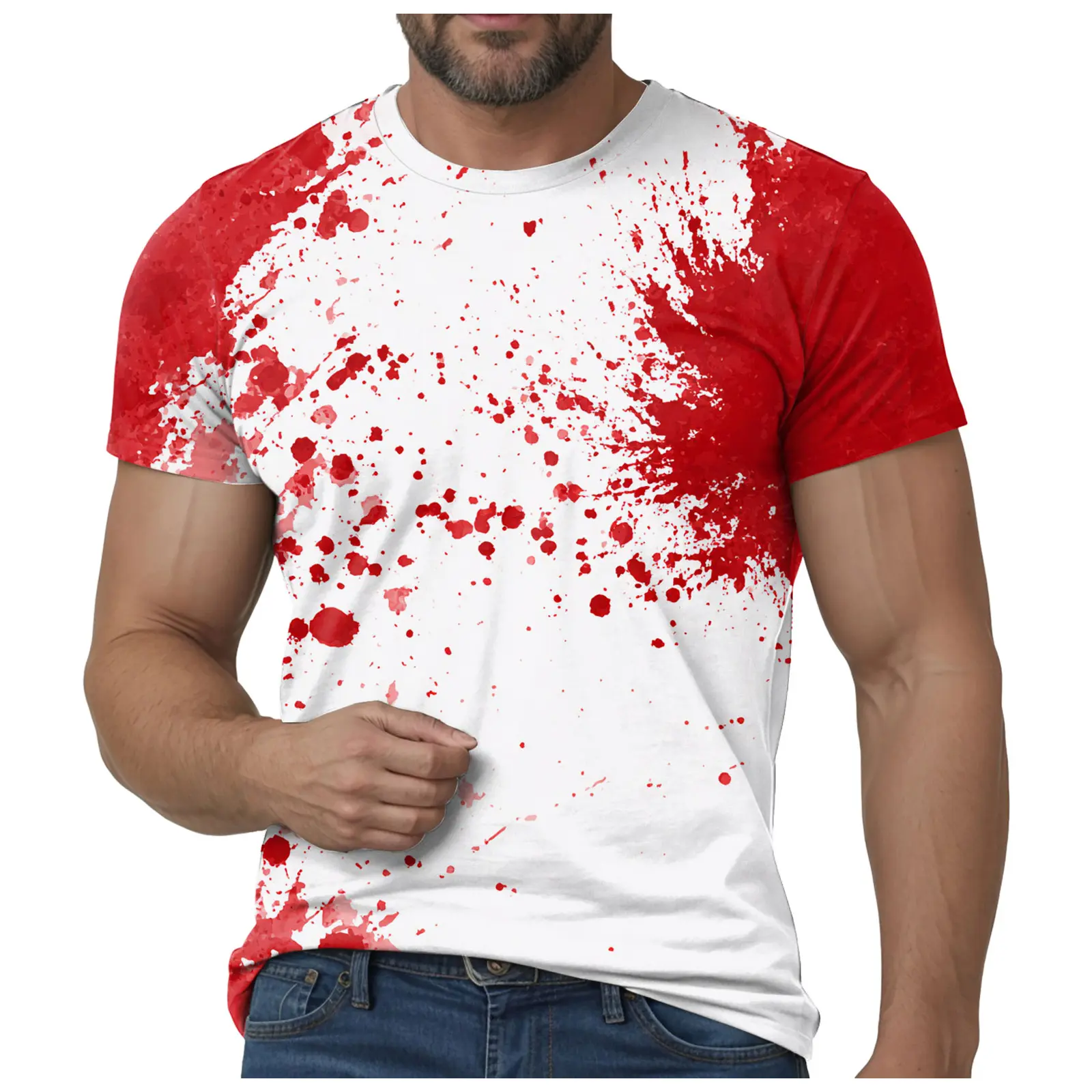 Mens Thin T Shirts Halloween T Shirt Men's Casual Crew Neck Blood Splash Pattern Tops Shirt Bloody Printed Short Apparel T Shirt