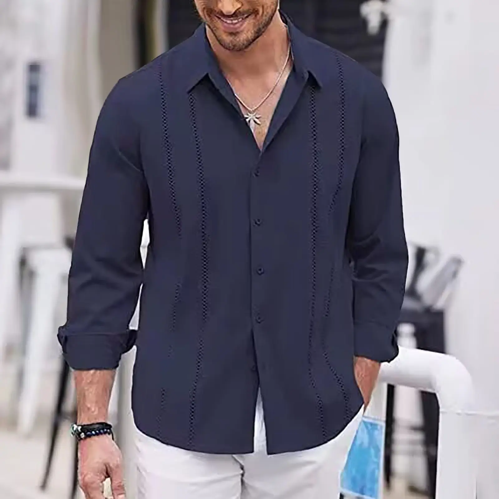 Men's Lapel Neck Embroidery Shirt Male Long Sleeve Shirt Lapel Neck Casual Slim Business Shirt Solid Color Stylish Fall Blouse