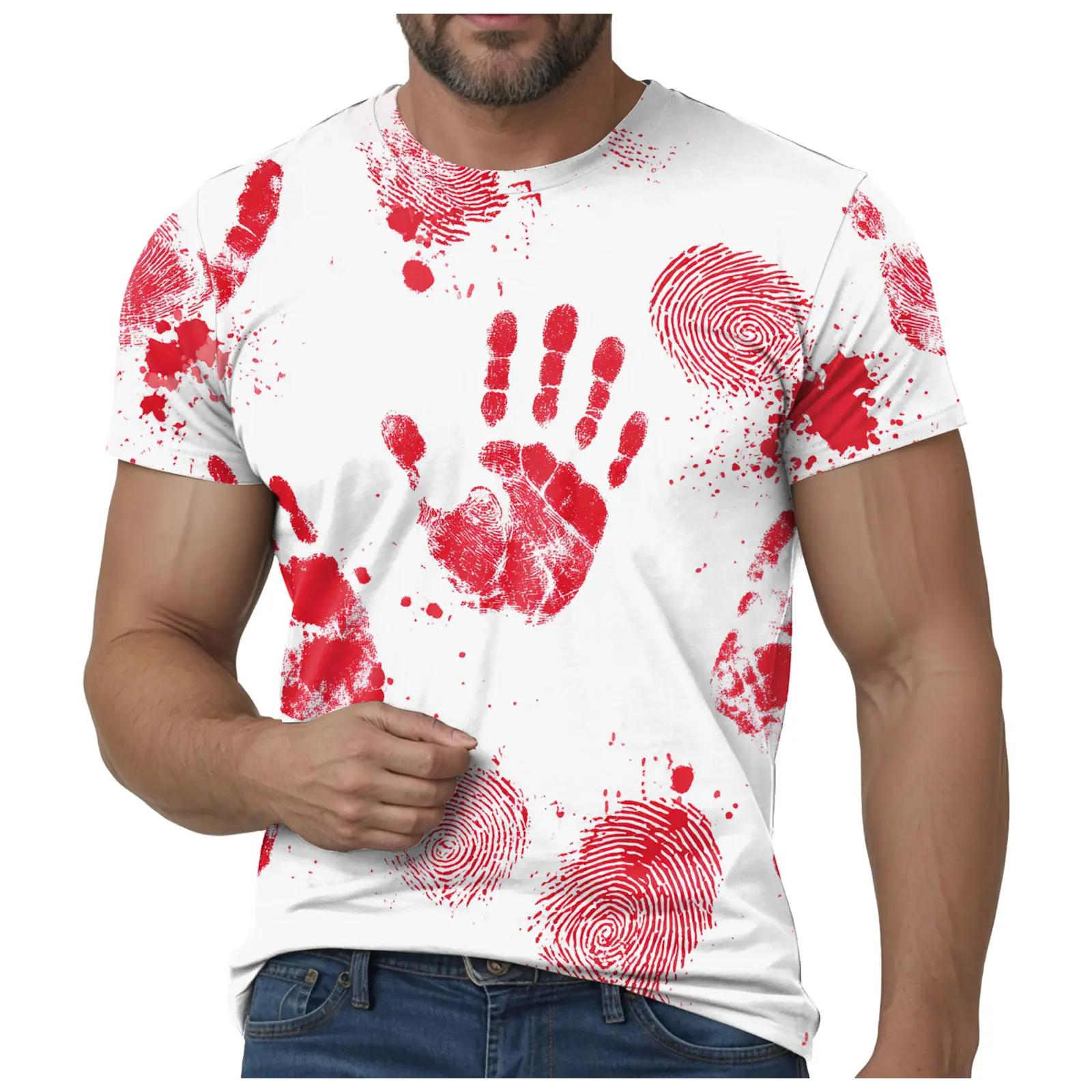 Mens Thin T Shirts Halloween T Shirt Men's Casual Crew Neck Blood Splash Pattern Tops Shirt Bloody Printed Short Apparel T Shirt