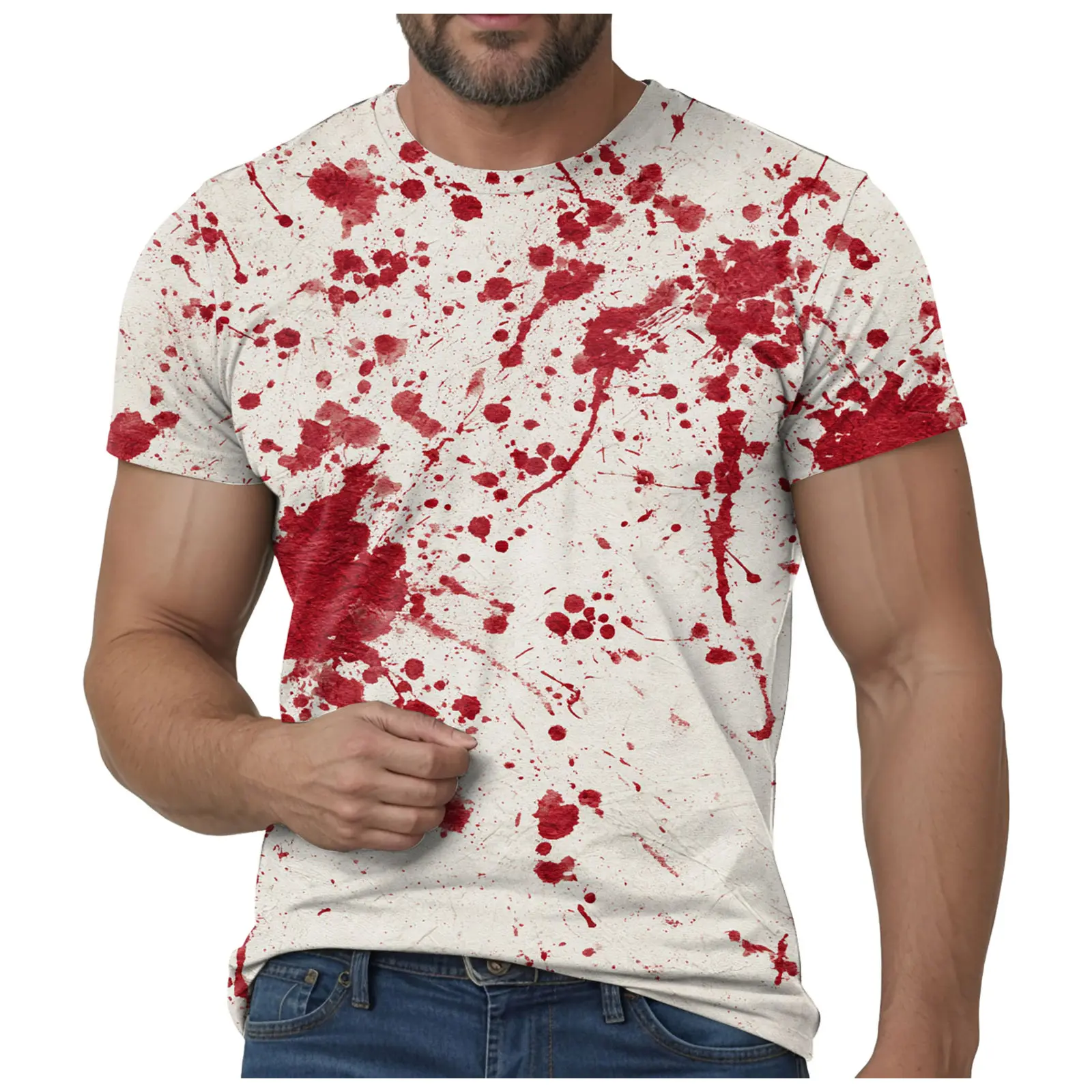 Mens Thin T Shirts Halloween T Shirt Men's Casual Crew Neck Blood Splash Pattern Tops Shirt Bloody Printed Short Apparel T Shirt
