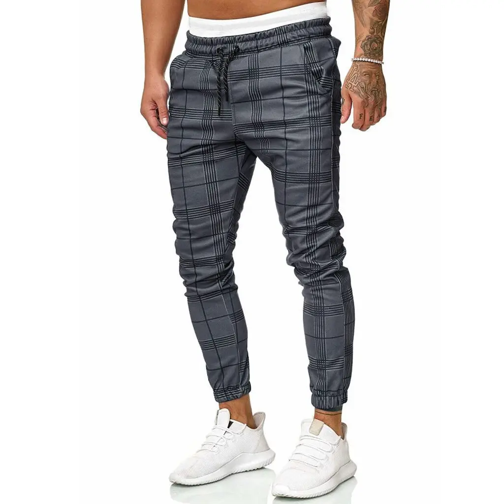 Cut Jean Men's Long Casual Sport Pants Slim Fit Plaid Trousers Running Joggers Sweatpants