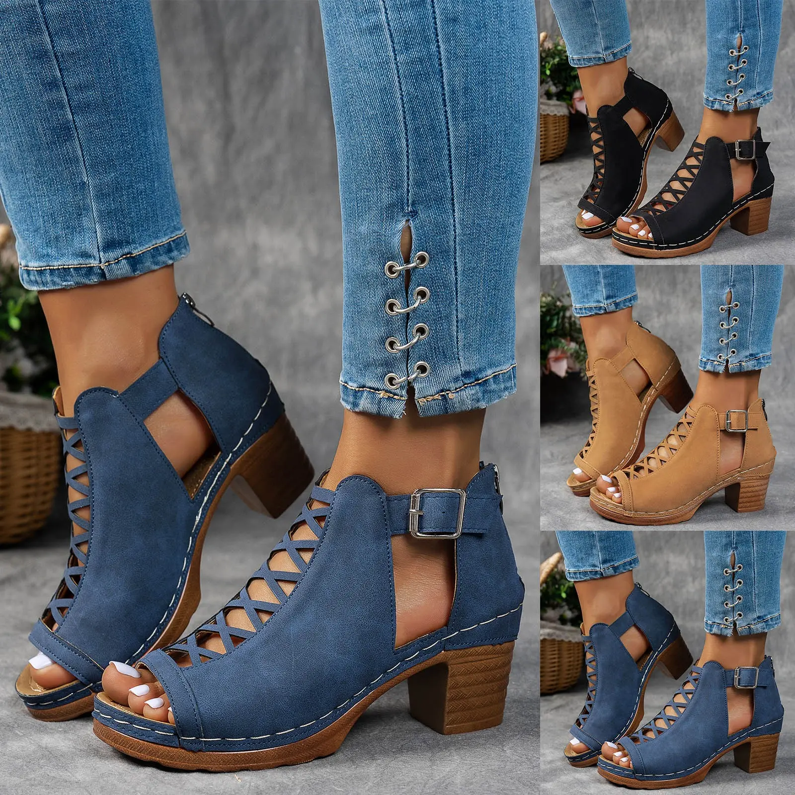 Women Summer Elegant Sandals Thick Heel Wedge Chunky High Heels Open Toe Hollow Cross Bundled Wedding Versatile Shoes